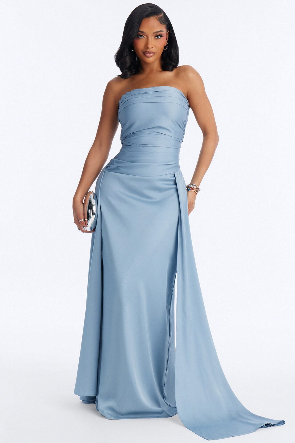 Rayna Pleated Satin Gown - Dusty Blue