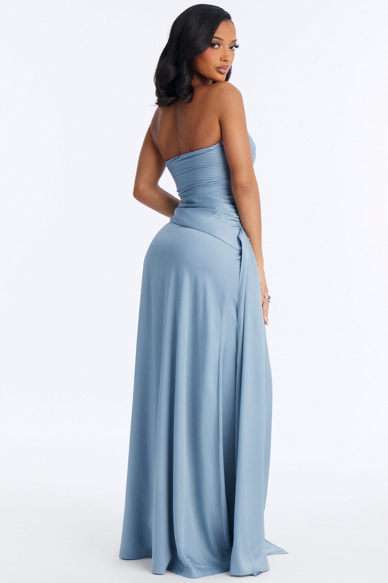 Rayna Pleated Satin Gown - Dusty Blue