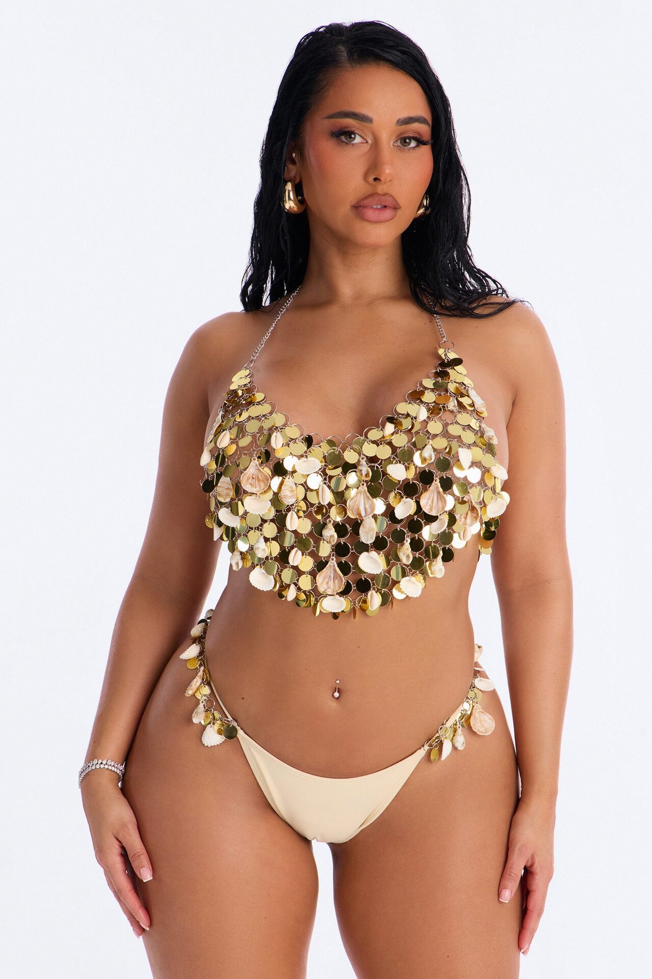 Seashells By The Seashore Embellished Swim 2 Piece Sunsuit Set - Gold
