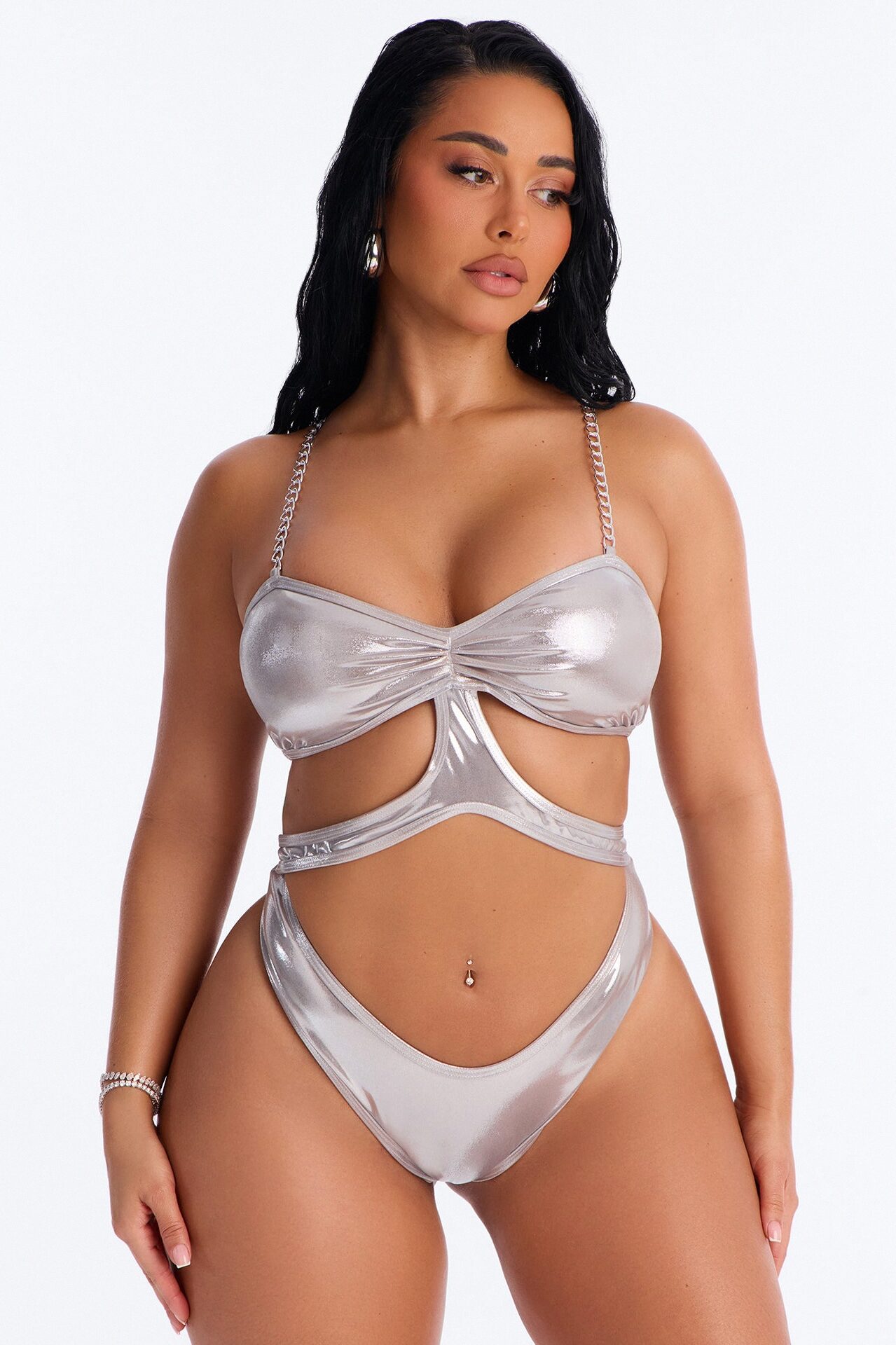 Ocean Breeze Metallic Cut Out 1 Piece Swimsuit - Silver