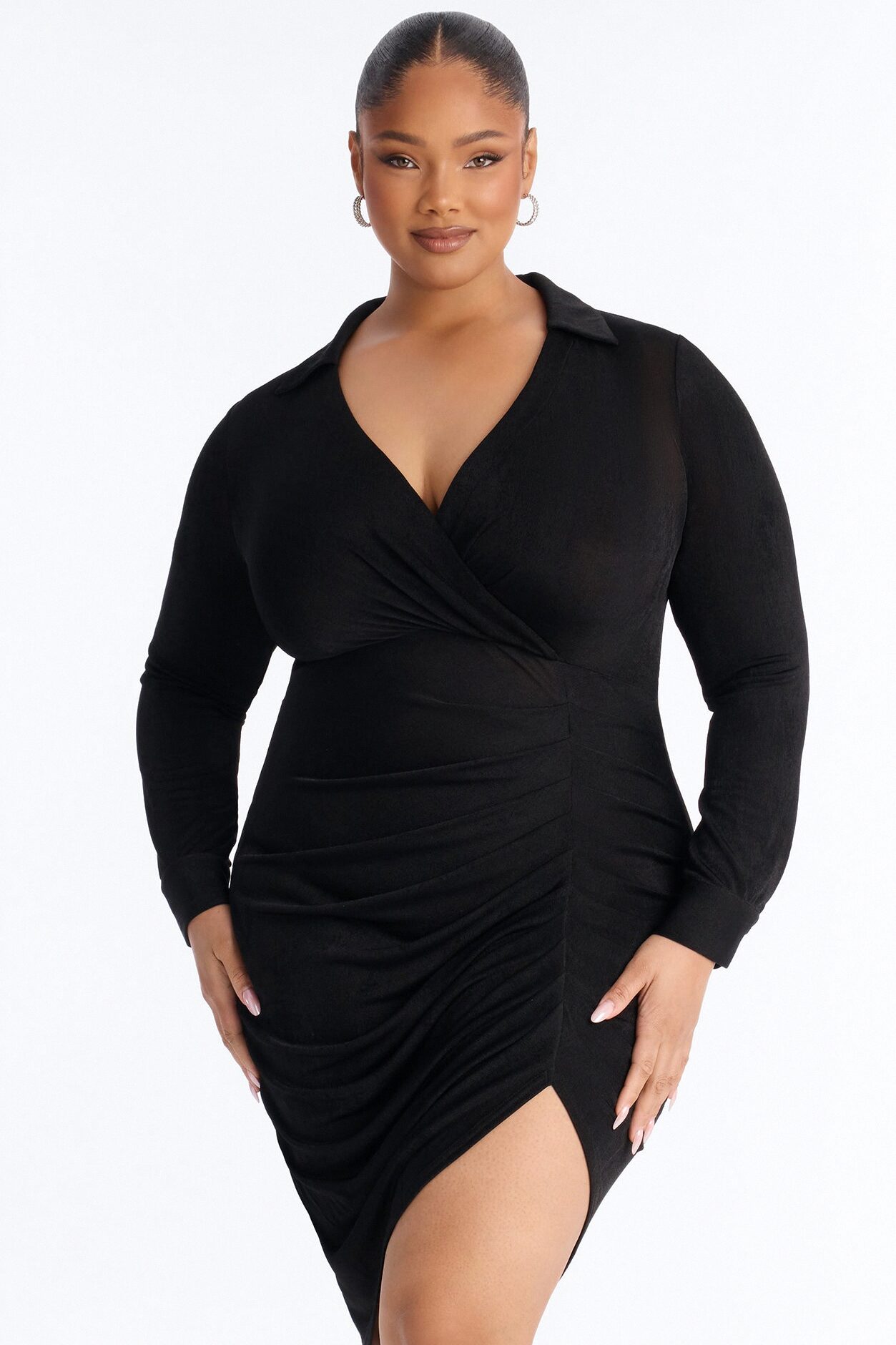 Isa Ruched Slinky Midi Dress - Black