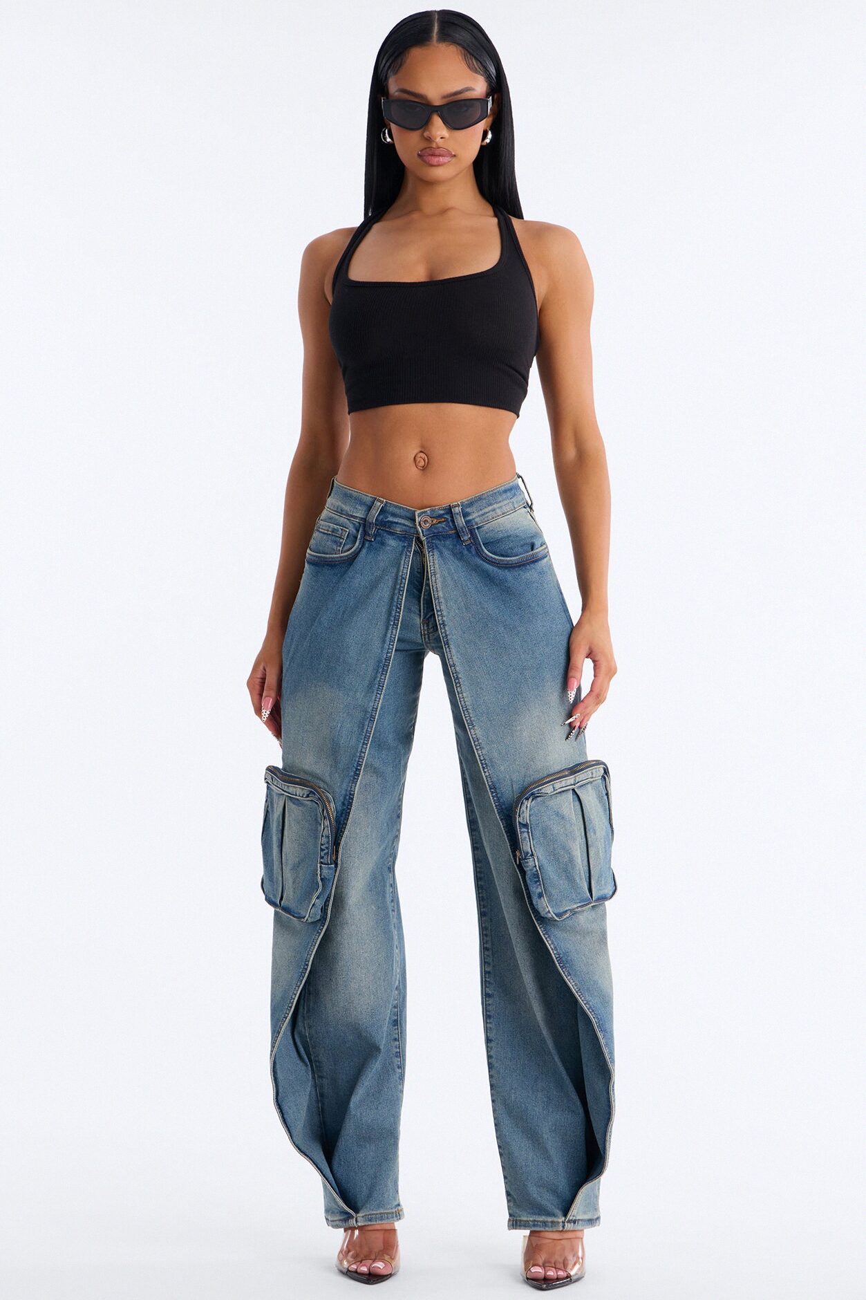 Split Up Wrap Cargo Straight Leg Jeans - Vintage Wash
