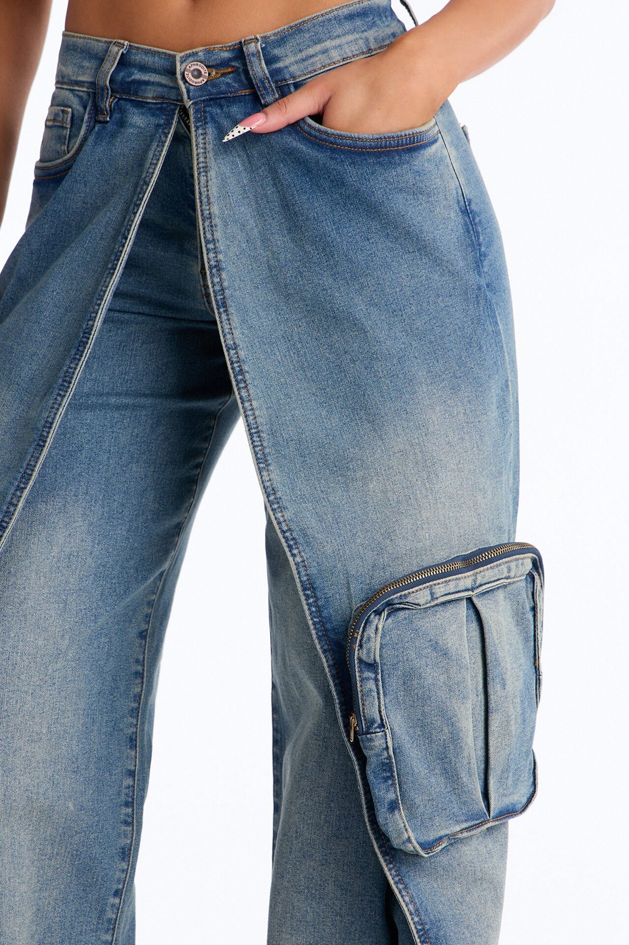 Split Up Wrap Cargo Straight Leg Jeans - Vintage Wash