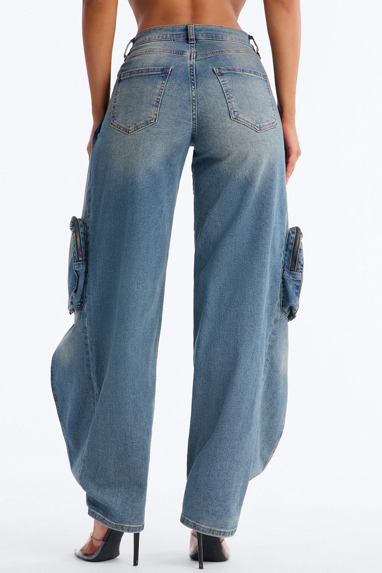 Split Up Wrap Cargo Straight Leg Jeans - Vintage Wash