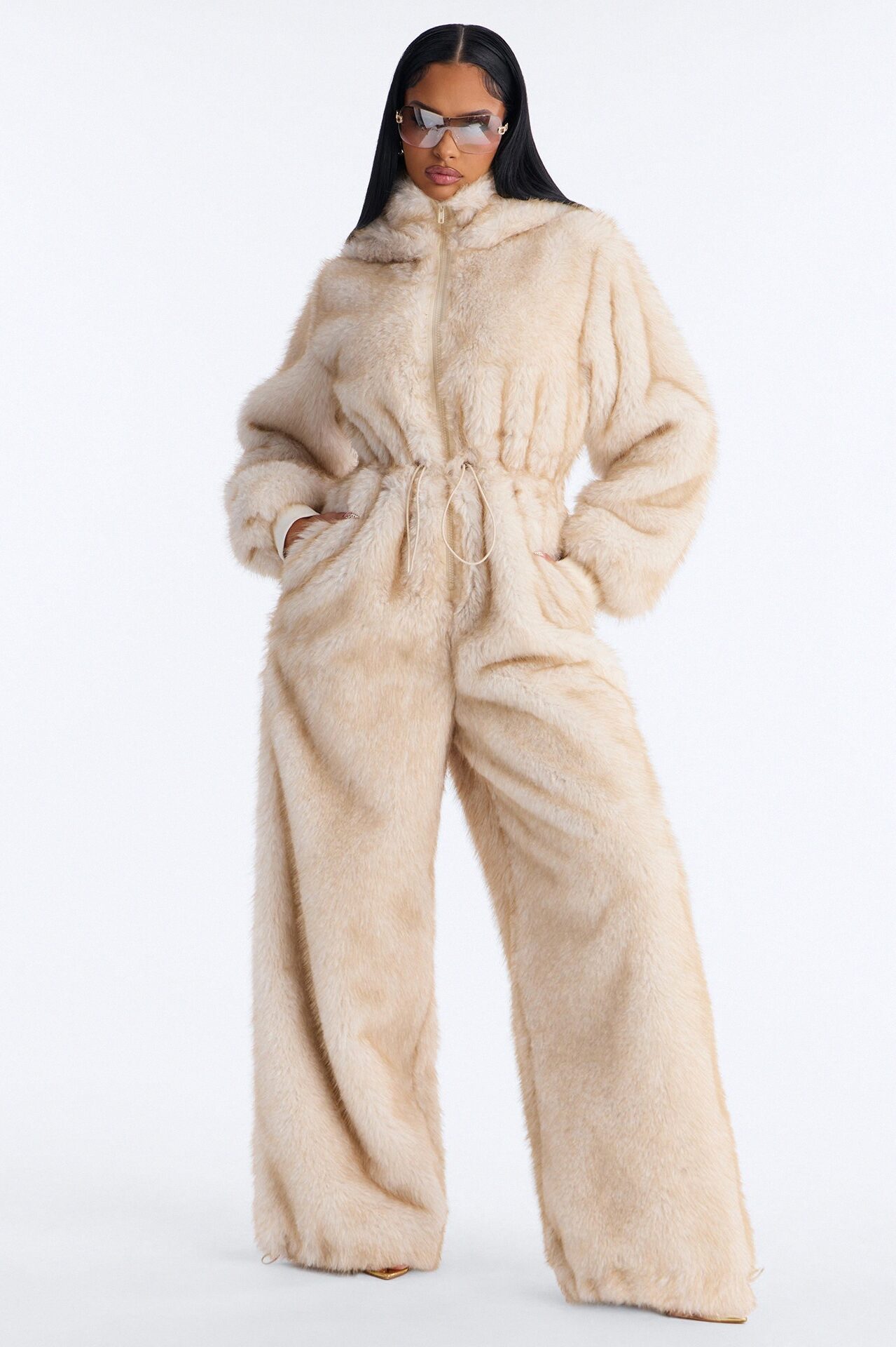 Cuddled Up Faux Fur Hooded Jumpsuit - Beige