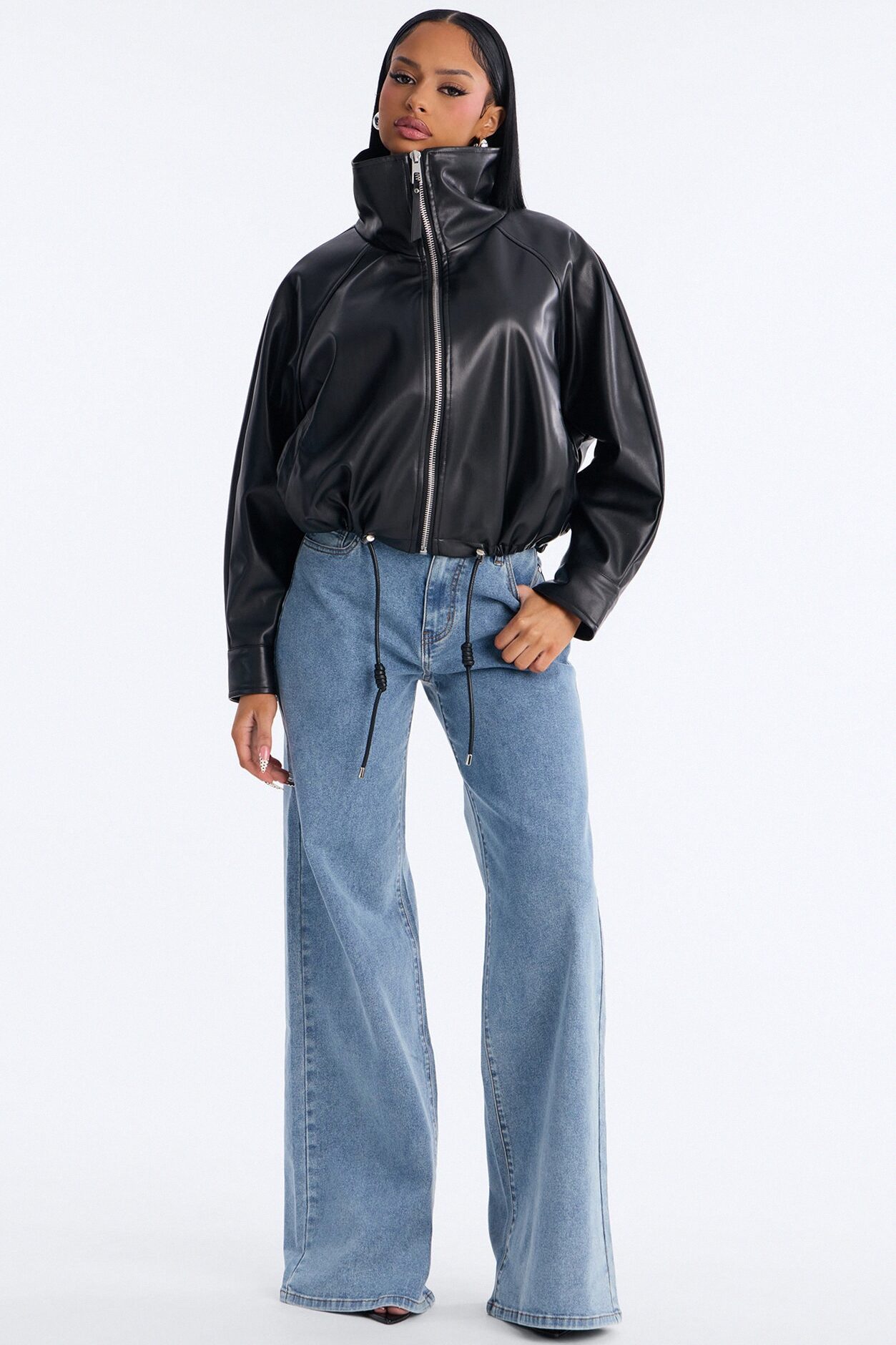 Iris Faux Leather Funnel Neck Bubble Bomber Jacket - Black