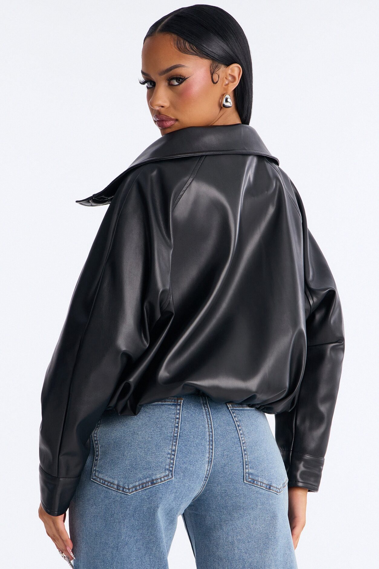 Iris Faux Leather Funnel Neck Bubble Bomber Jacket - Black