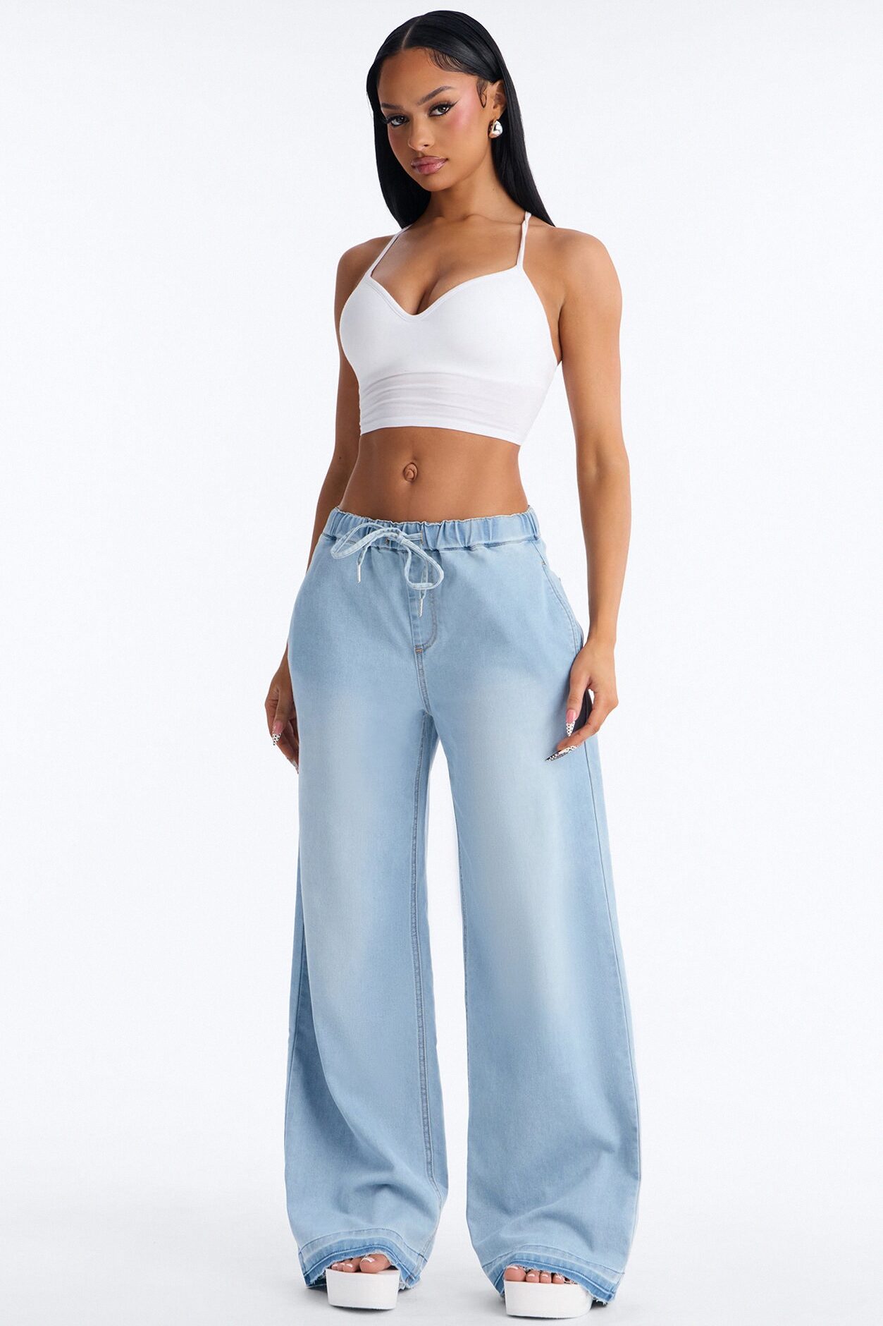 Marina Stretch Crosshatch Tie Waist Jeans - Light Blue Wash