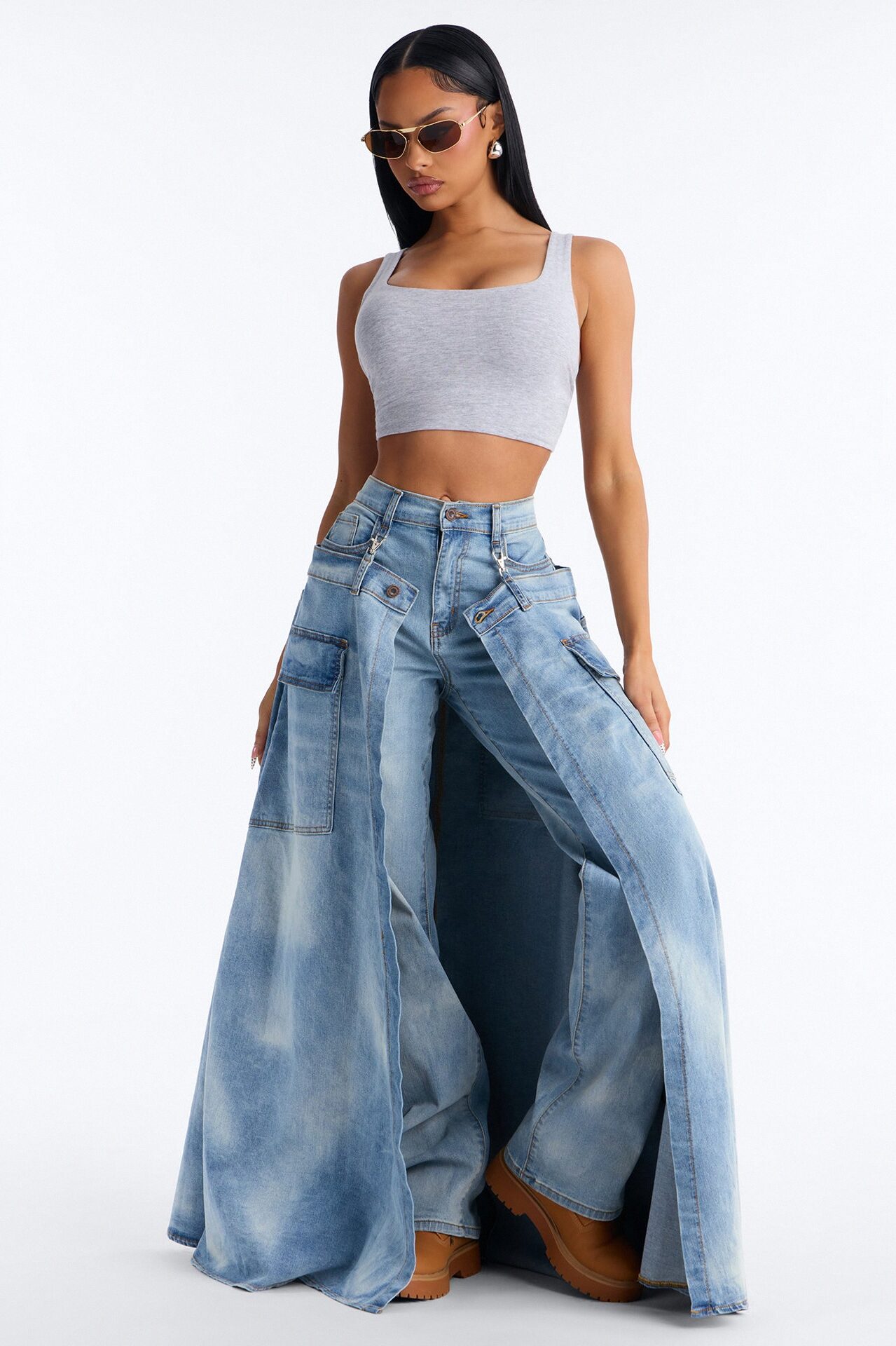Serving Looks Cargo Overlay Stretch Straight Leg Jeans - Medium Wash