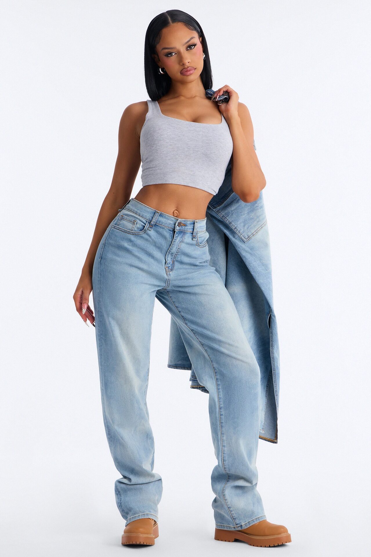 Serving Looks Cargo Overlay Stretch Straight Leg Jeans - Medium Wash