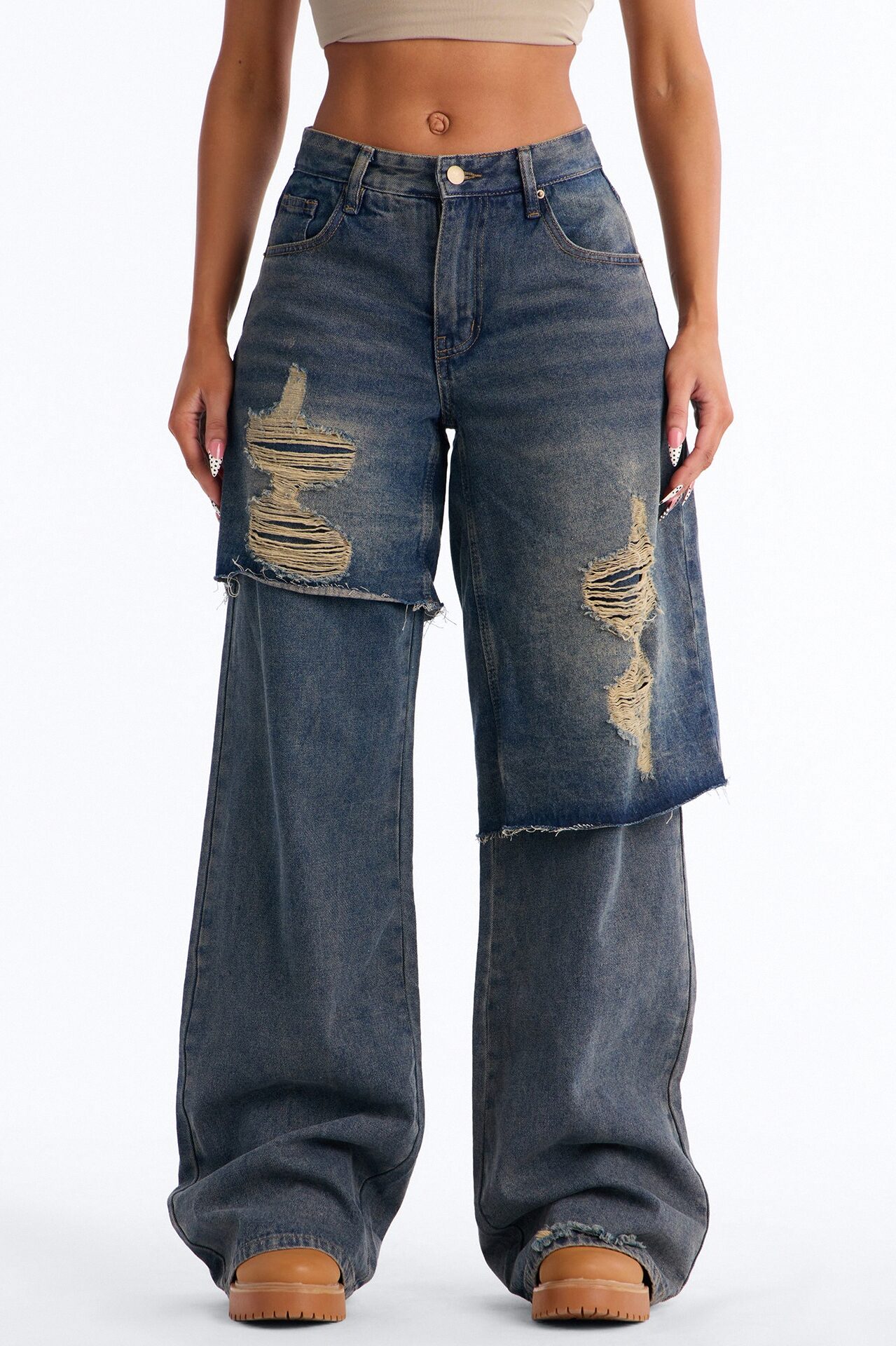 On The Inside Ripped Layered Jeans - Vintage Wash