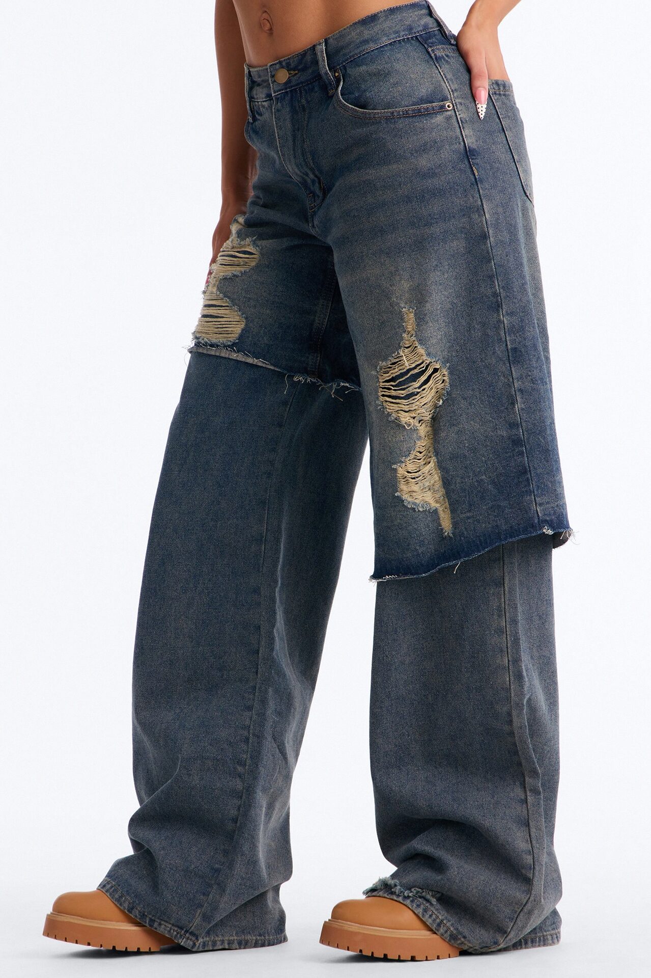 On The Inside Ripped Layered Jeans - Vintage Wash