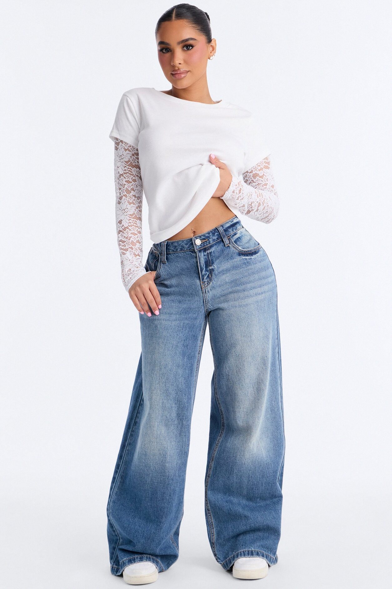 Selene Crew Neck Lace Long Sleeve Top - White