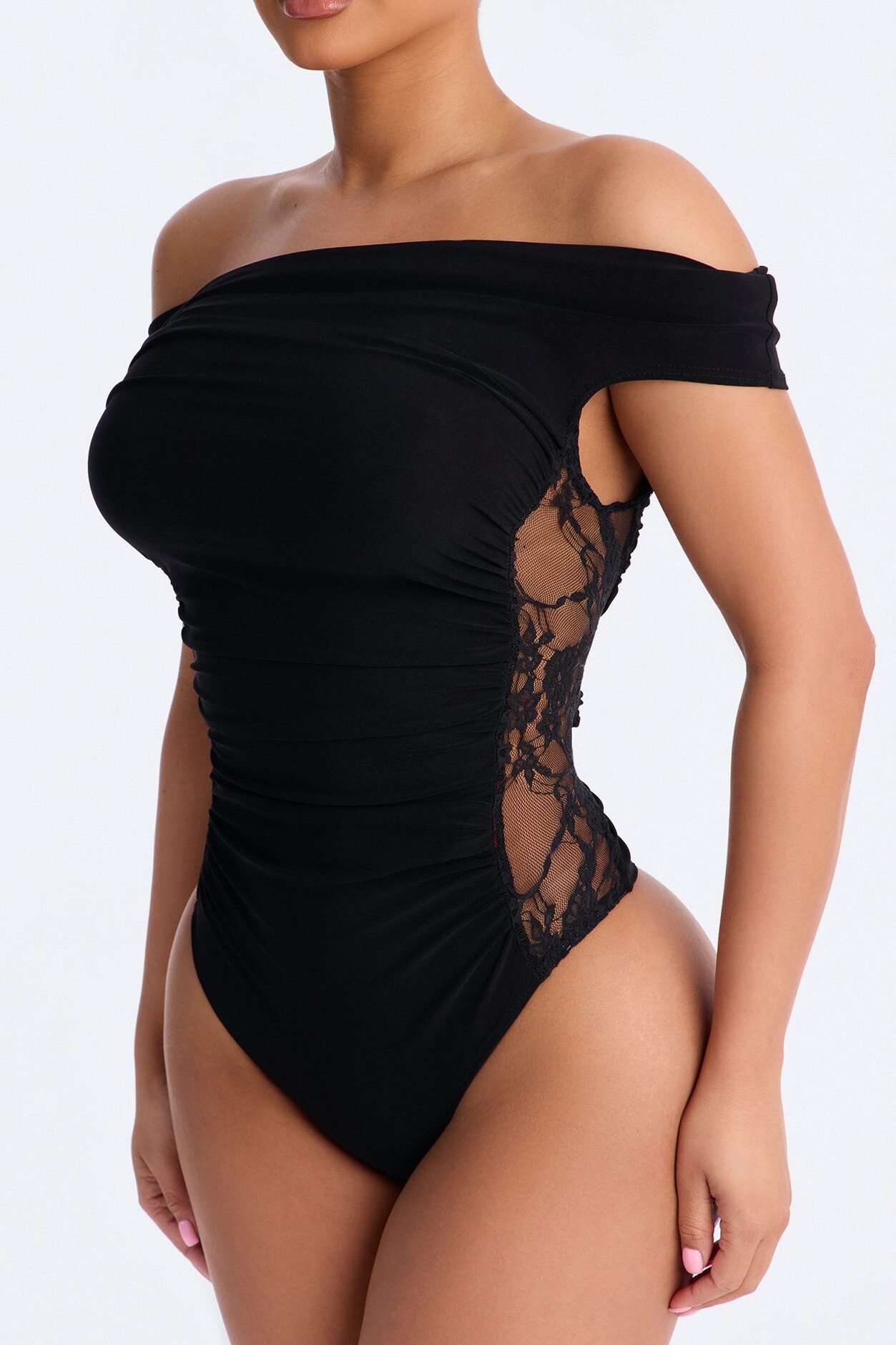 Show A Little Lace Off Shoulder Bodysuit - Black