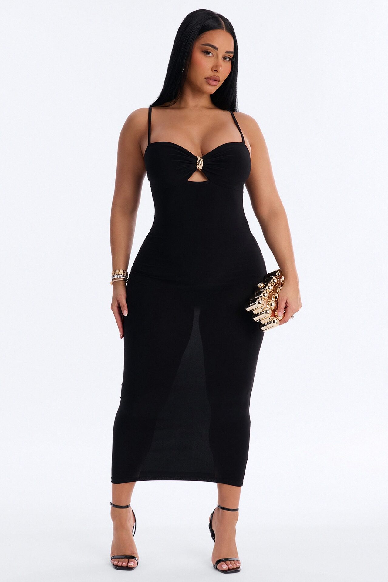 Briana Ruched Midi Dress - Black