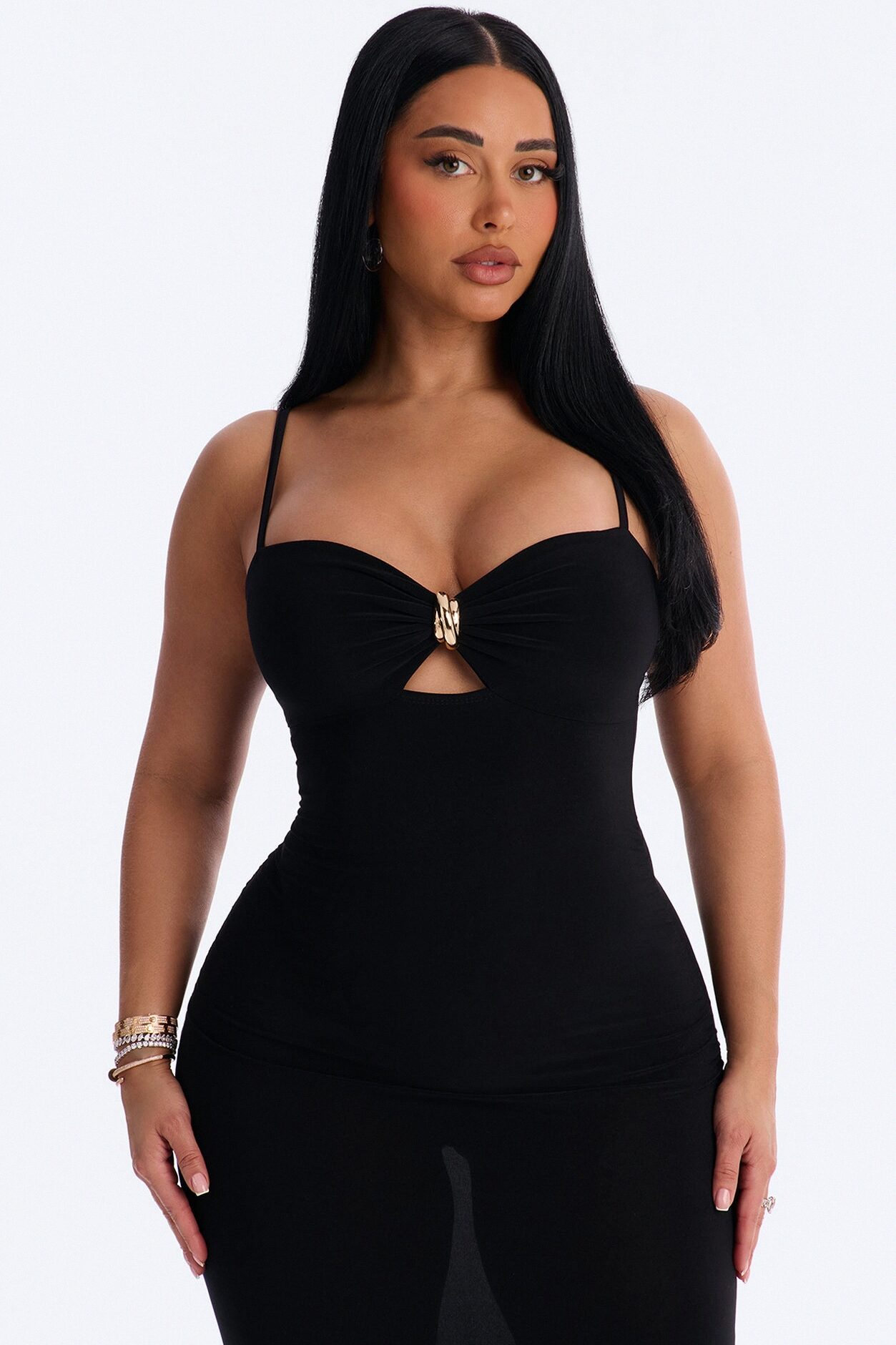 Briana Ruched Midi Dress - Black