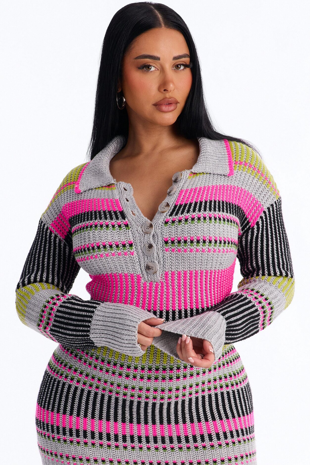 Renee Stripped Sweater Midi Dress - Grey/combo