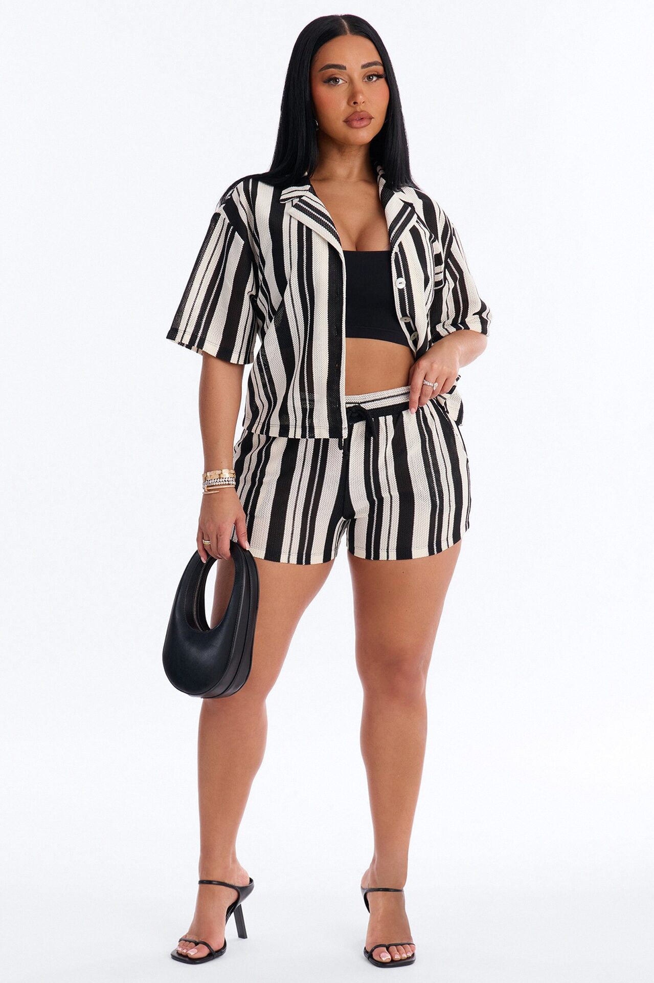 Lea Crochet Stripe Short Set - Black/combo
