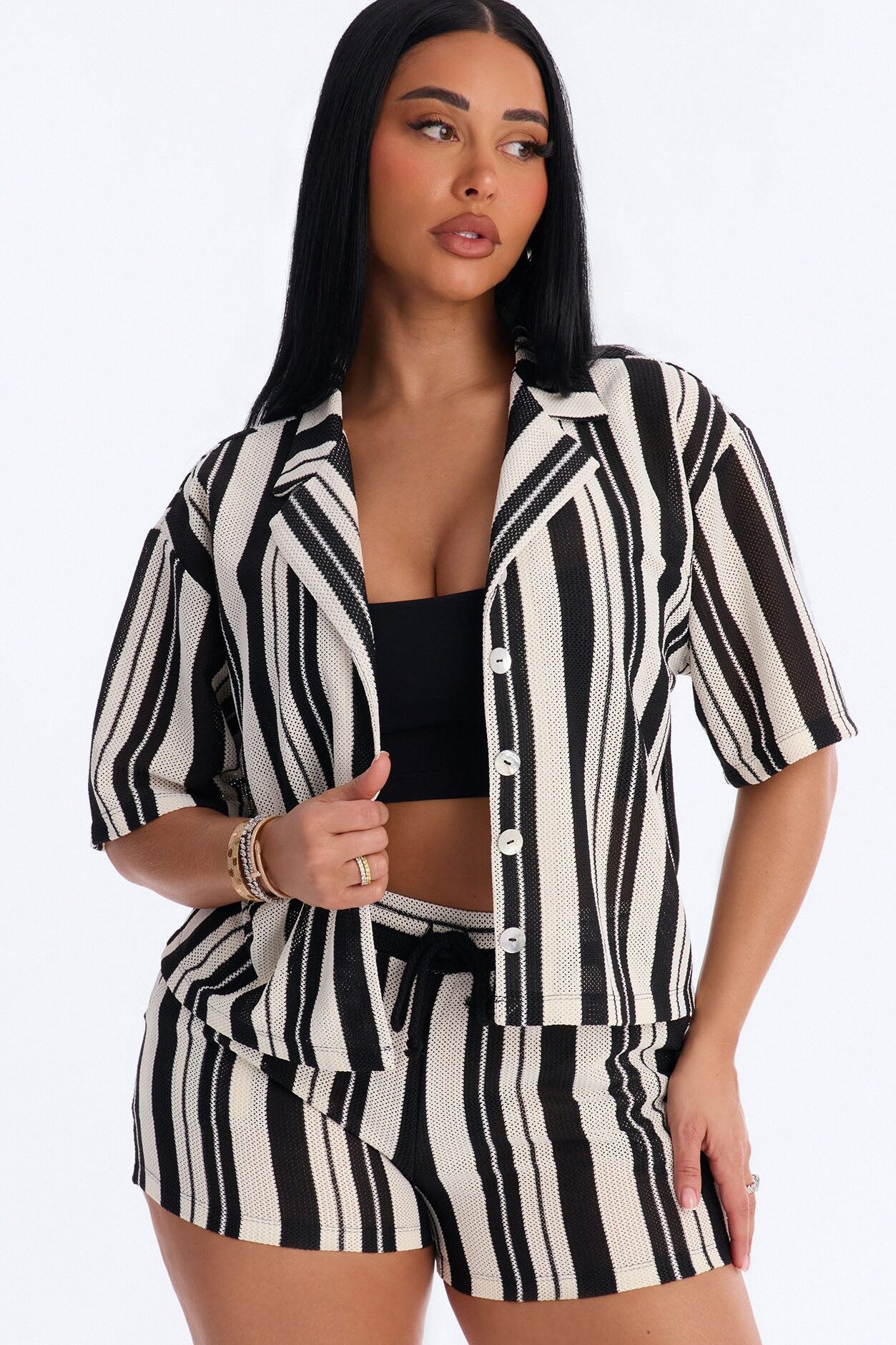 Lea Crochet Stripe Short Set - Black/combo