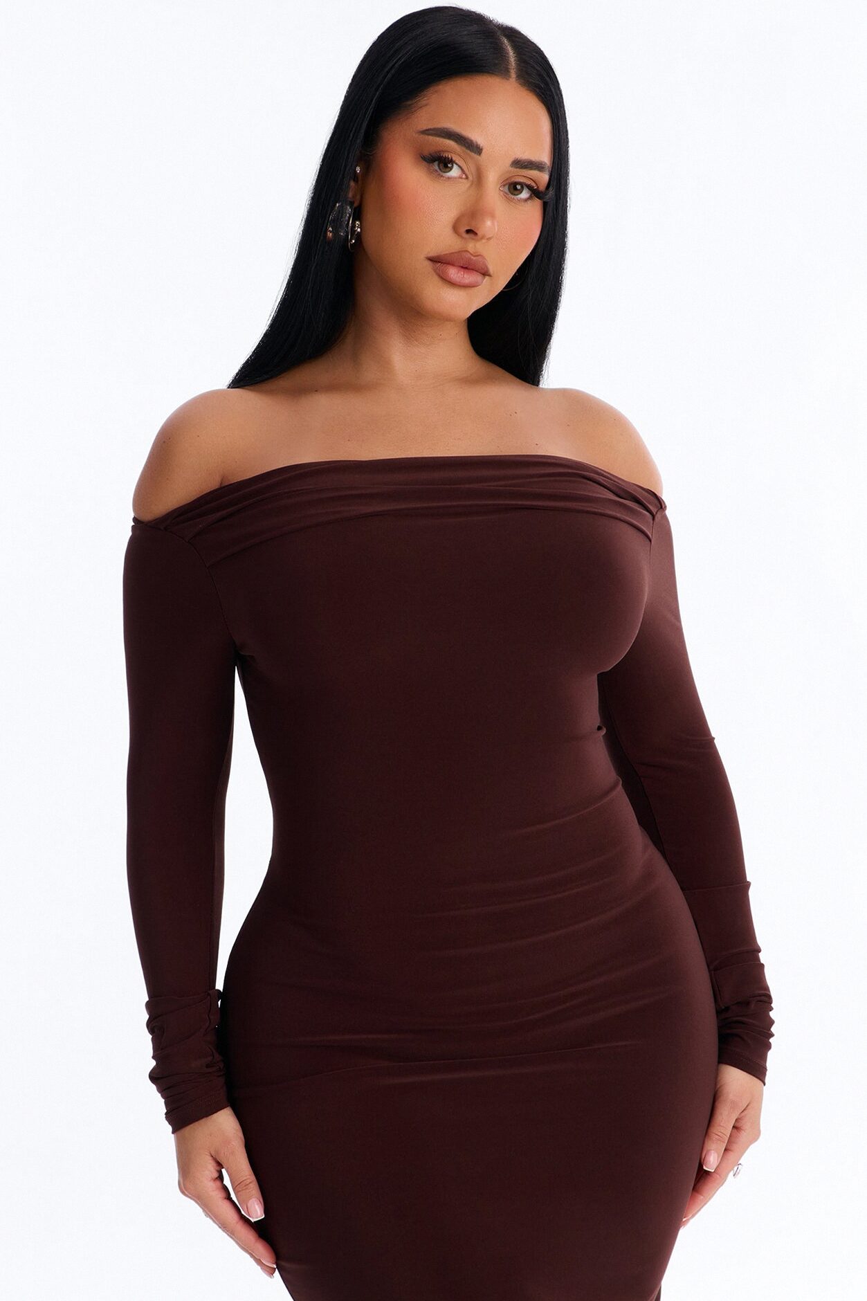 Delia Off Shoulder Midi Dress - Chocolate