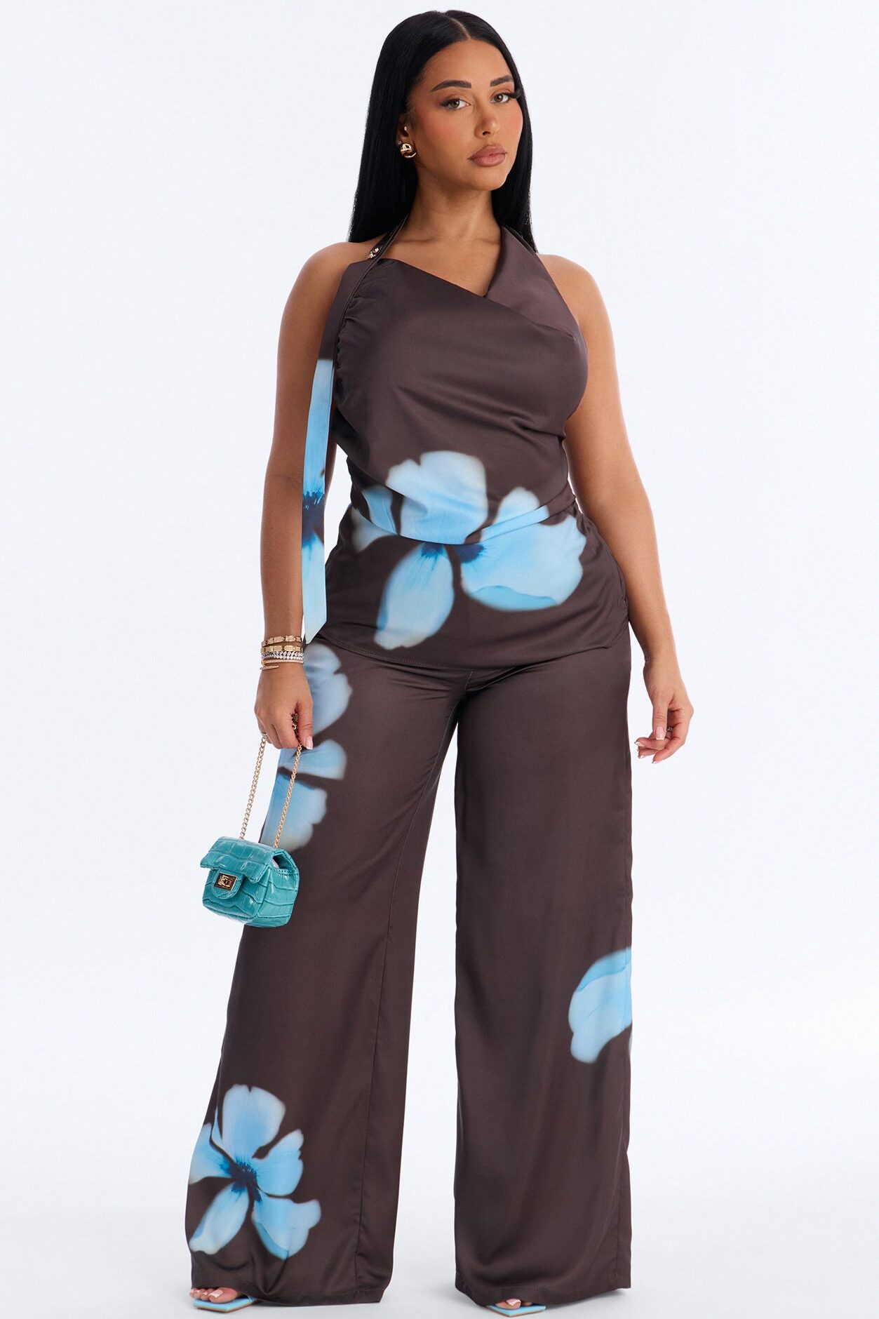 Forbidden Petals Satin Pant Set - Chocolate/Combo