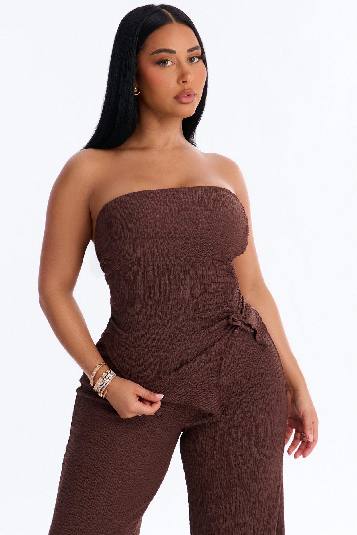 Elise Strapless Textured Pant Set - Chocolate