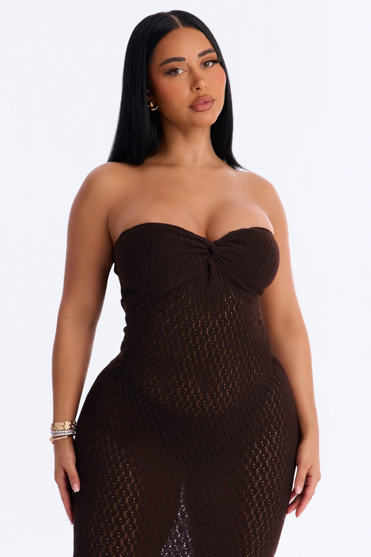 Jenni Strapless Crochet Maxi Dress - Chocolate