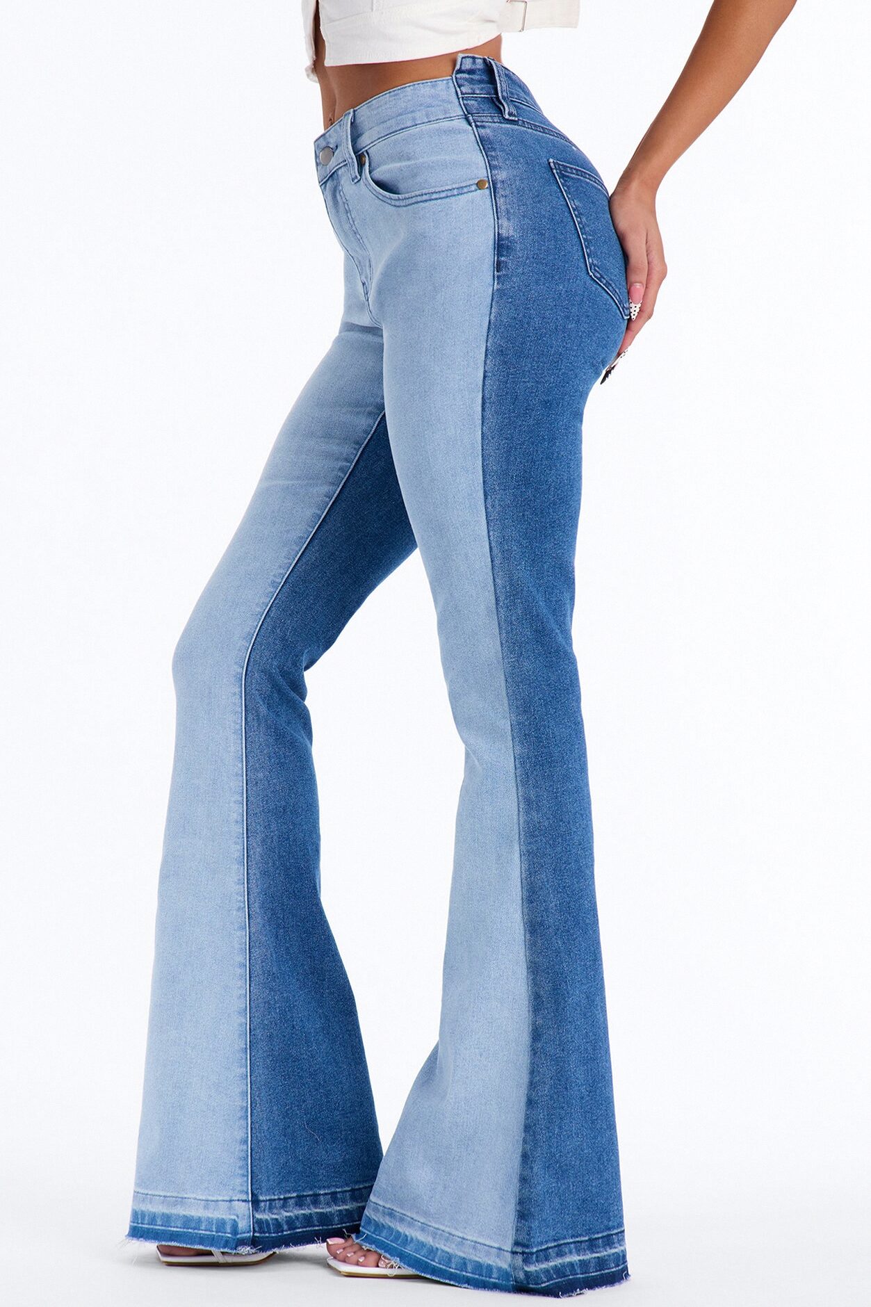 She's A Gemini Two Tone Bell Bottom Jeans - Medium Wash