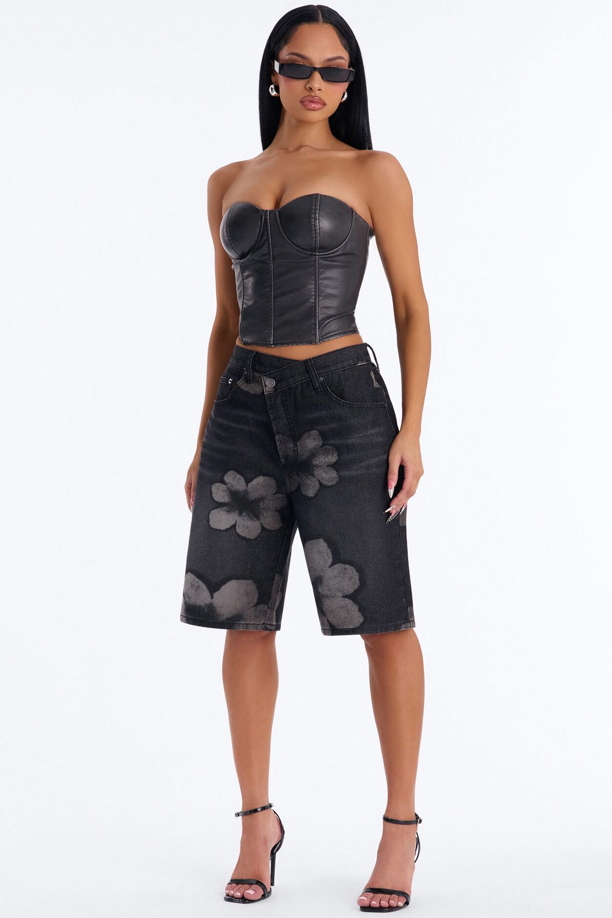 Born To Bloom Crossover Denim Jorts - Black Wash