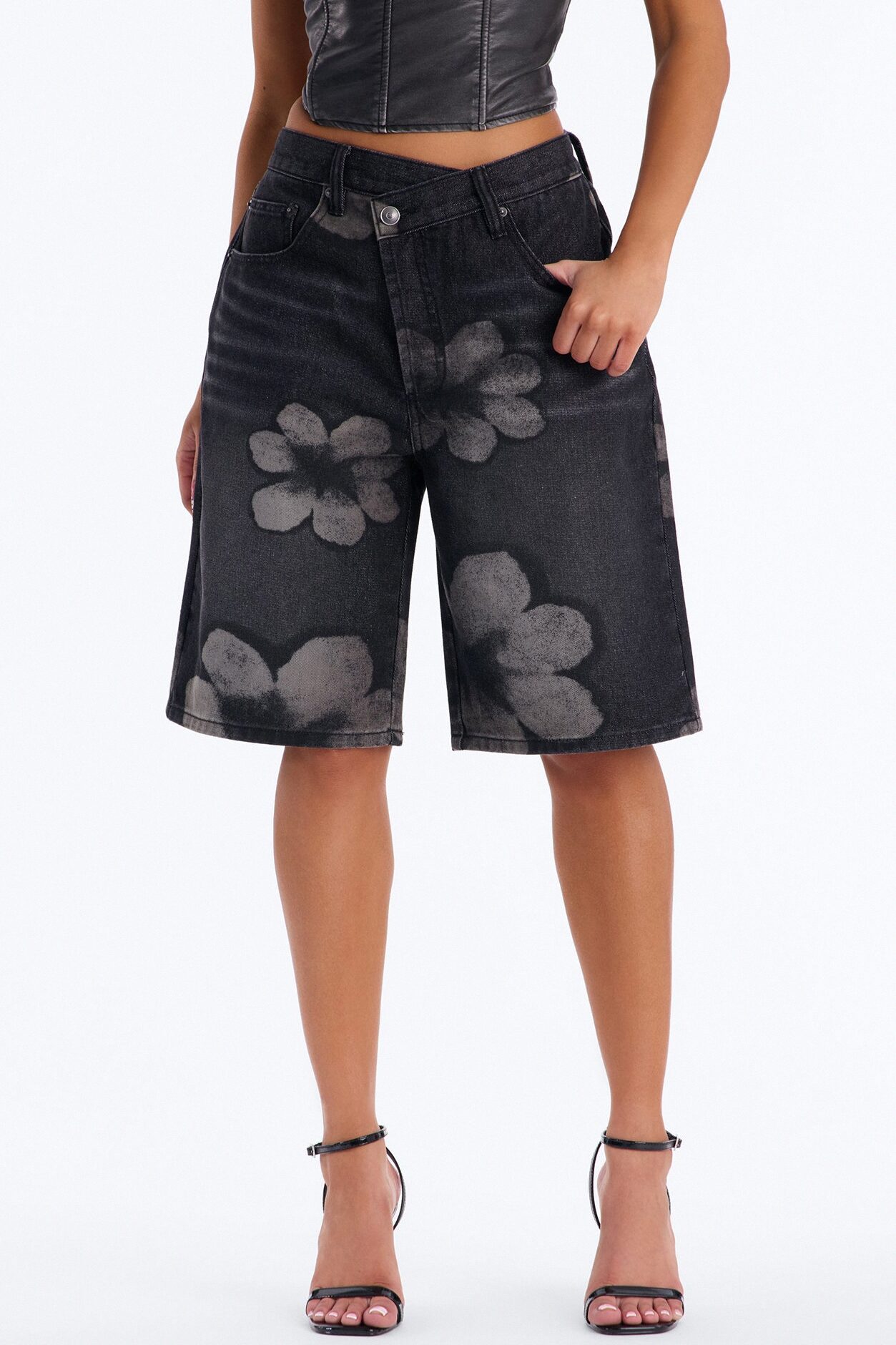 Born To Bloom Crossover Denim Jorts - Black Wash