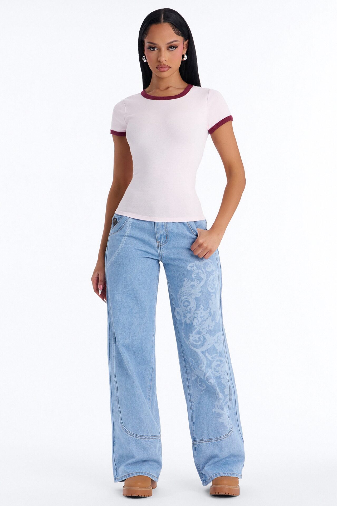 Marissa Crew Neck Contrast Short Sleeve Top - Pink/combo