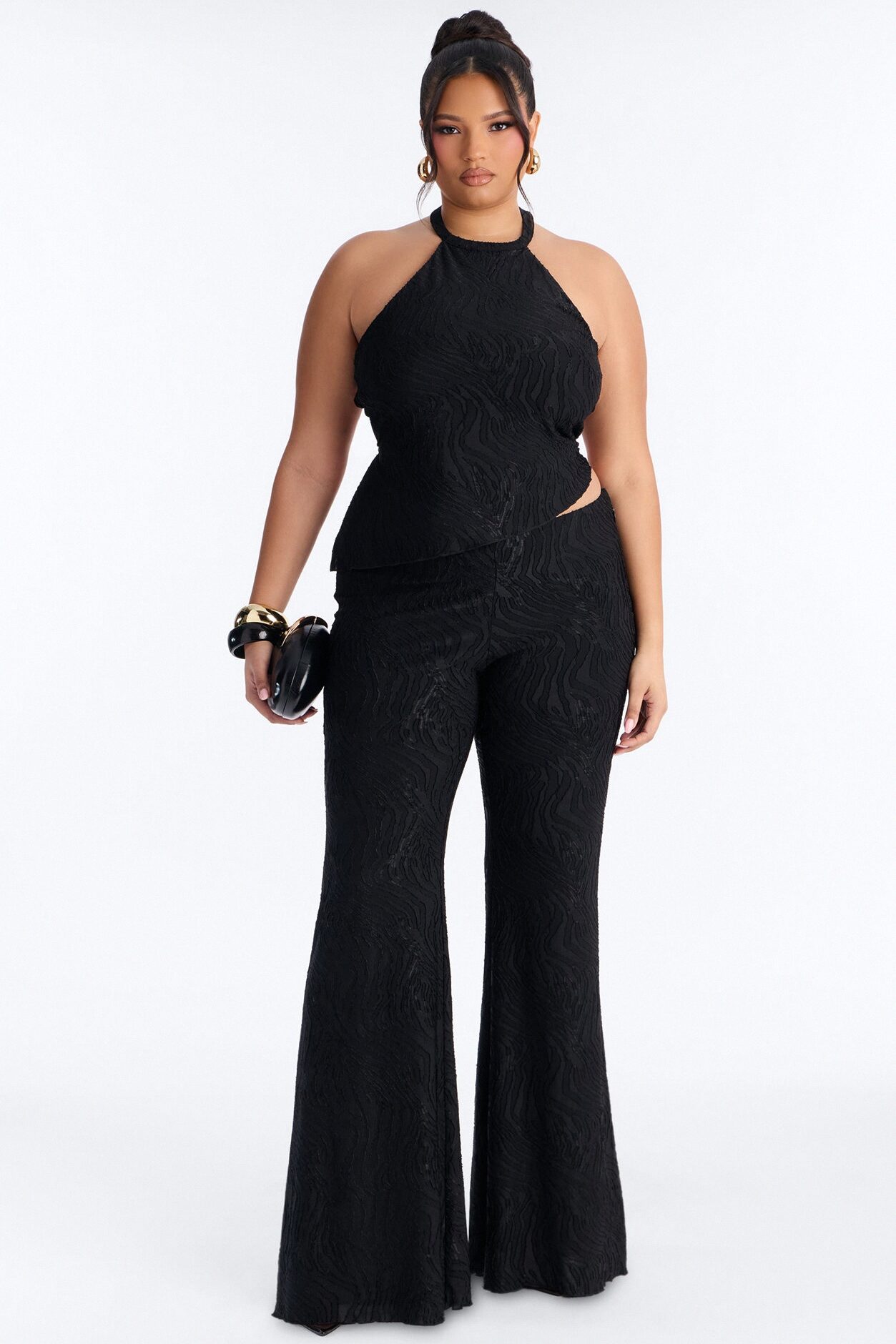 So In Love Textured Halter Flare Pant Set - Black