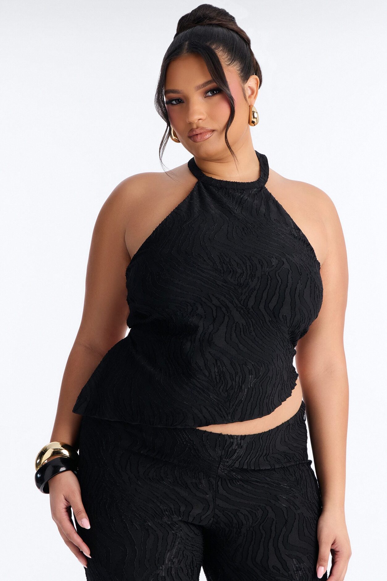 So In Love Textured Halter Flare Pant Set - Black