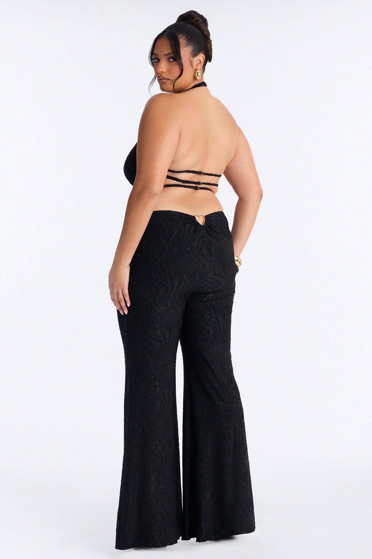 So In Love Textured Halter Flare Pant Set - Black