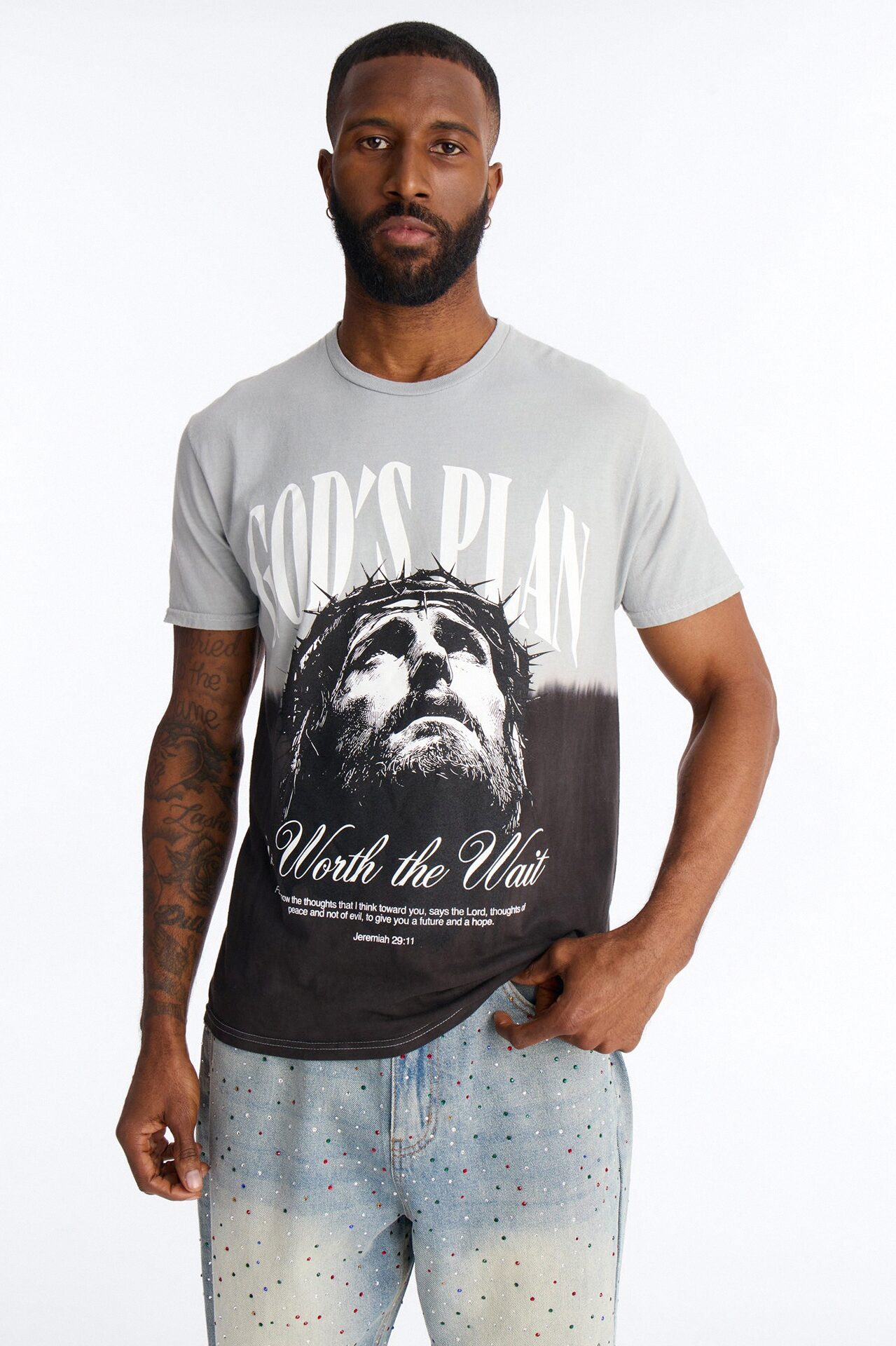 God's Plan Dip-Dye Graphic Short Sleeve Tee - Grey/Black