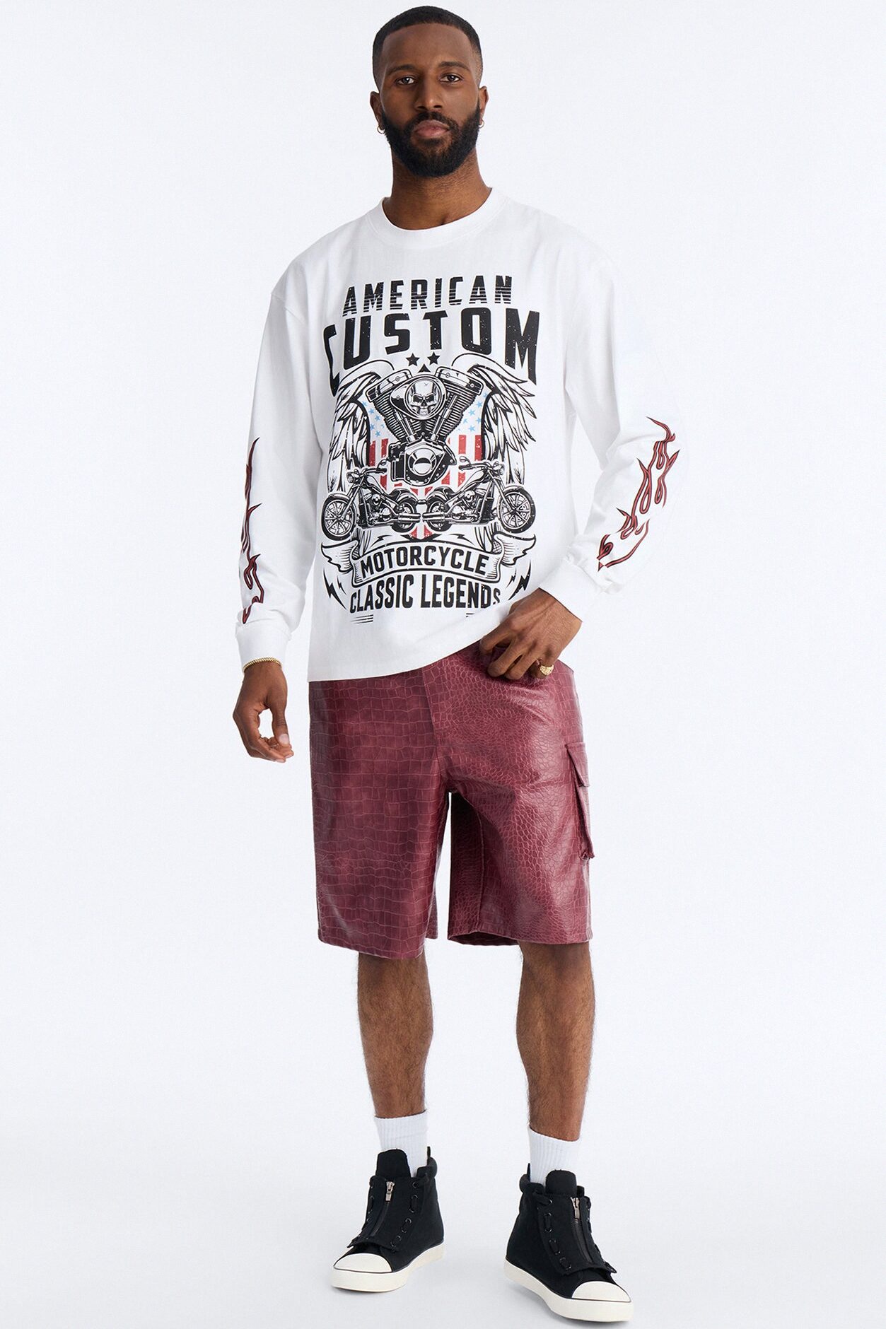 American Custom Motorcycle Oversized Long Sleeve Tee - White