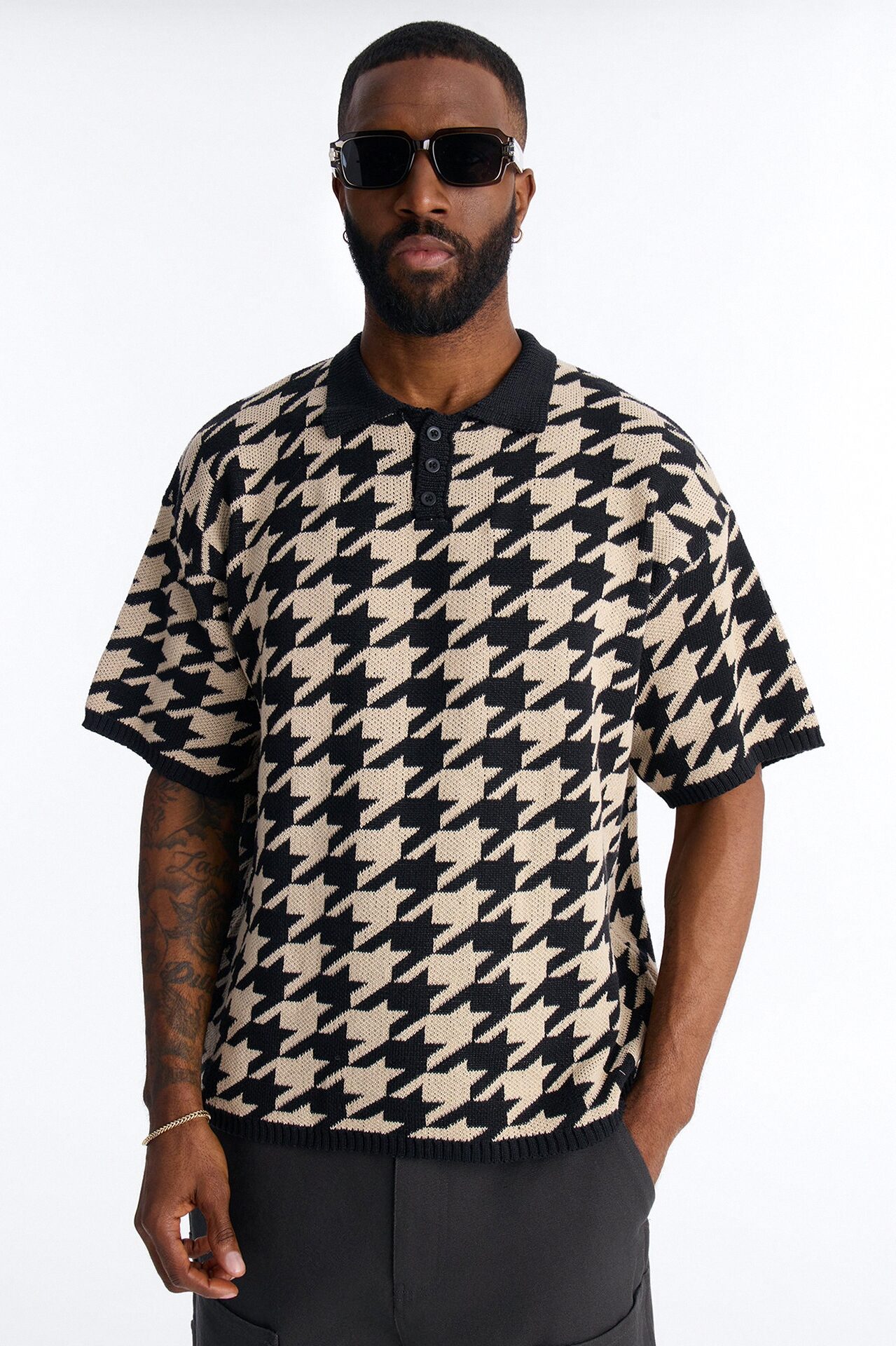 Houndstooth Short Sleeve Knitted Polo - Black