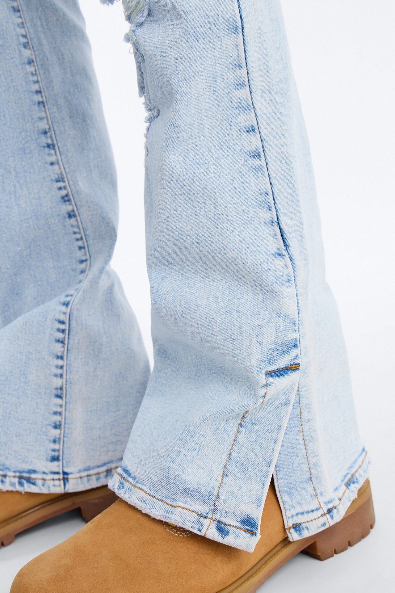 Stacked Skinny Flare Slit Dare Me Distressed Jean - Light Blue Wash