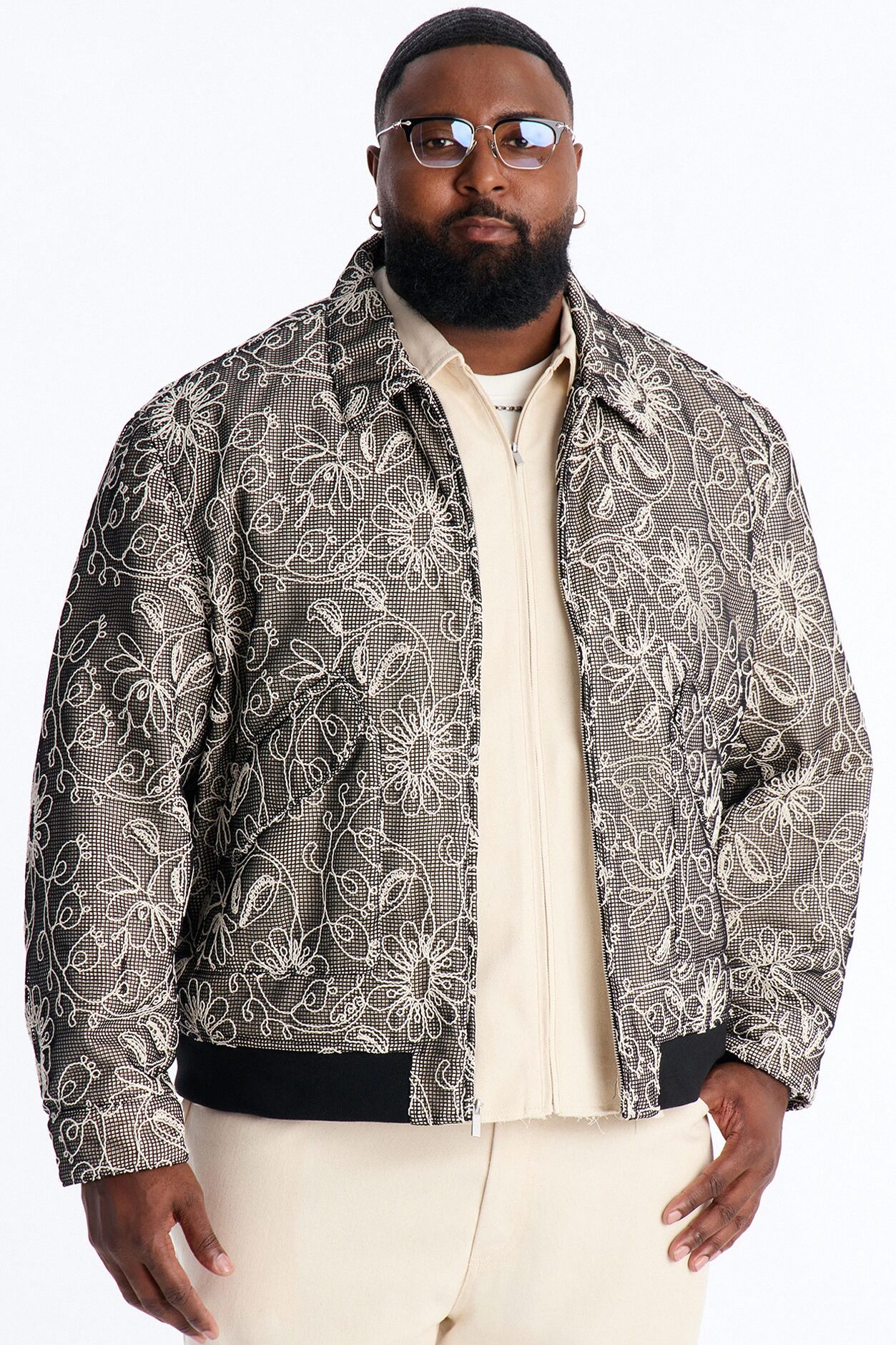 Textured Paradise Thread Zip Jacket - Black