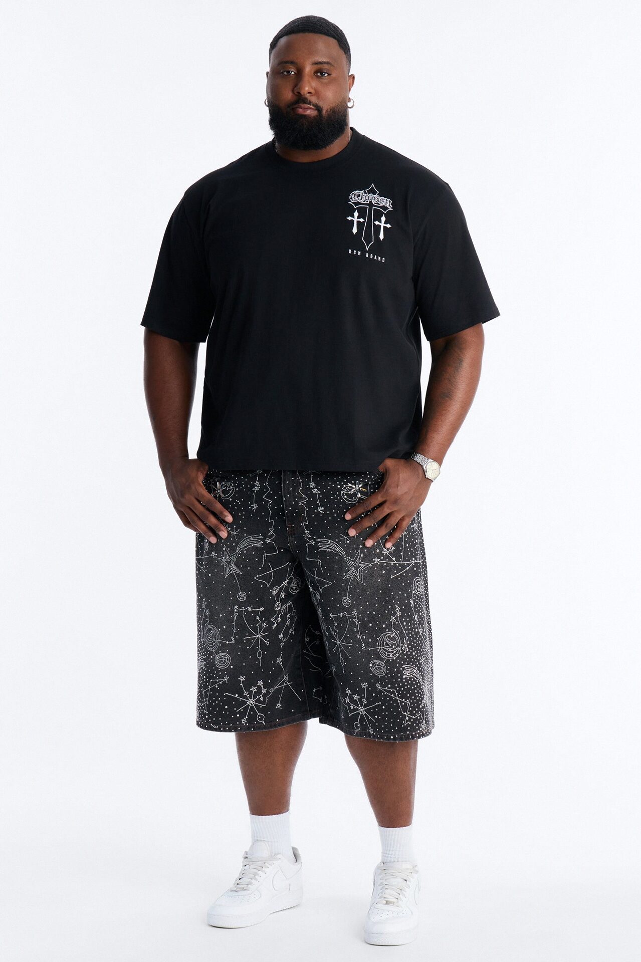 Rhinestone Interstellar Baggy Denim Short - Black Wash