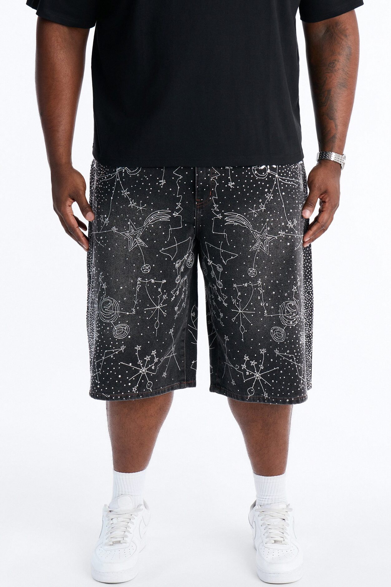 Rhinestone Interstellar Baggy Denim Short - Black Wash