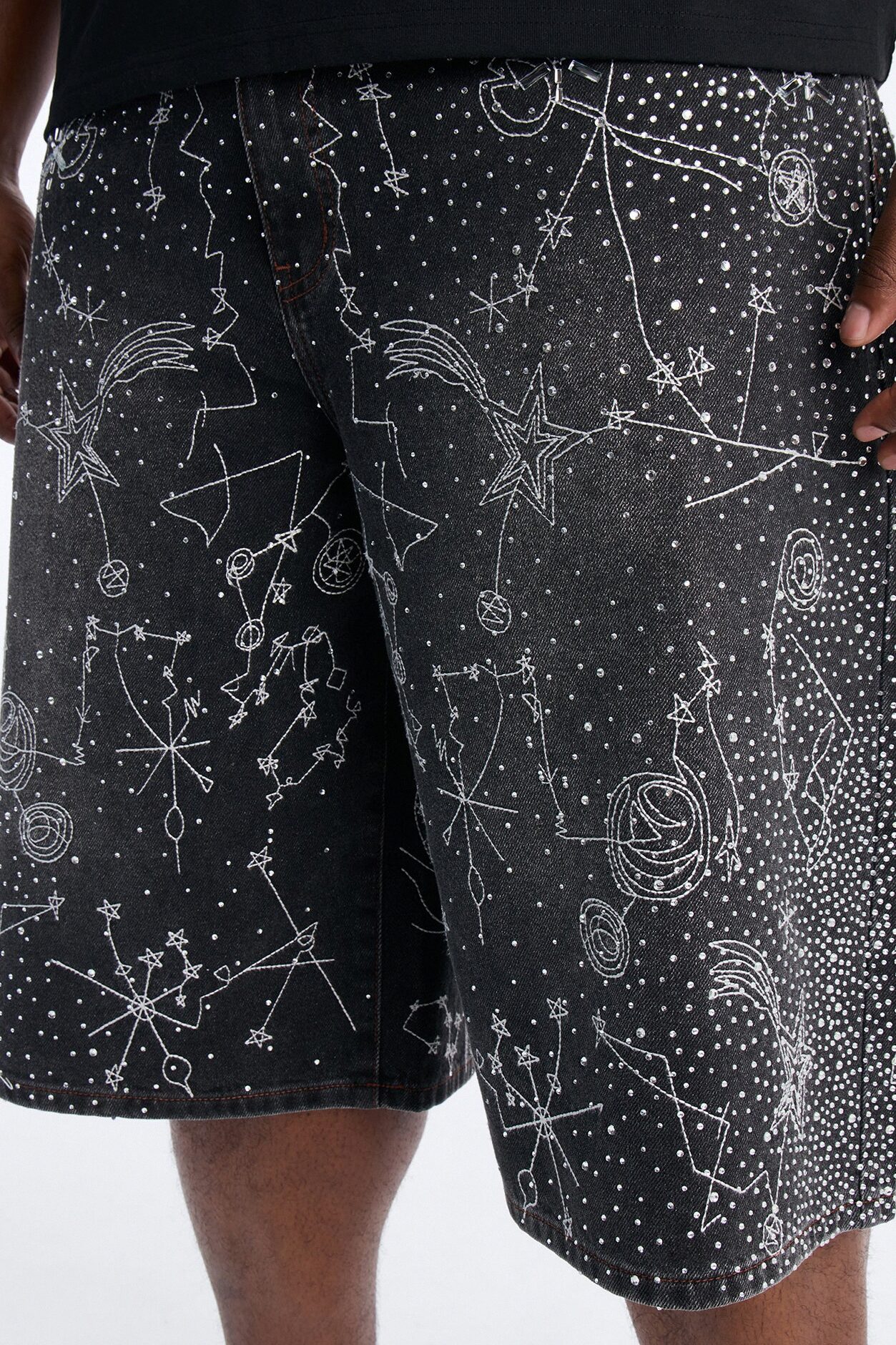 Rhinestone Interstellar Baggy Denim Short - Black Wash