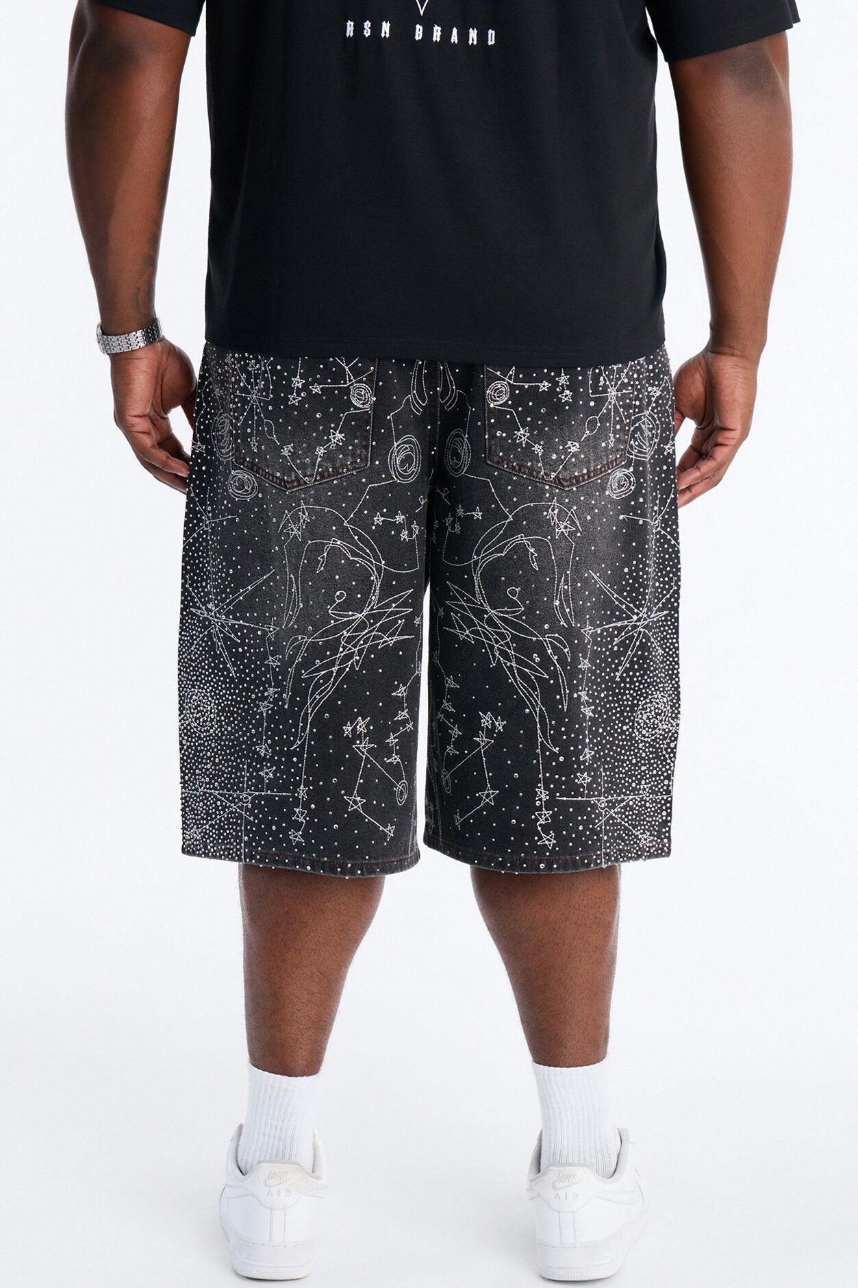 Rhinestone Interstellar Baggy Denim Short - Black Wash