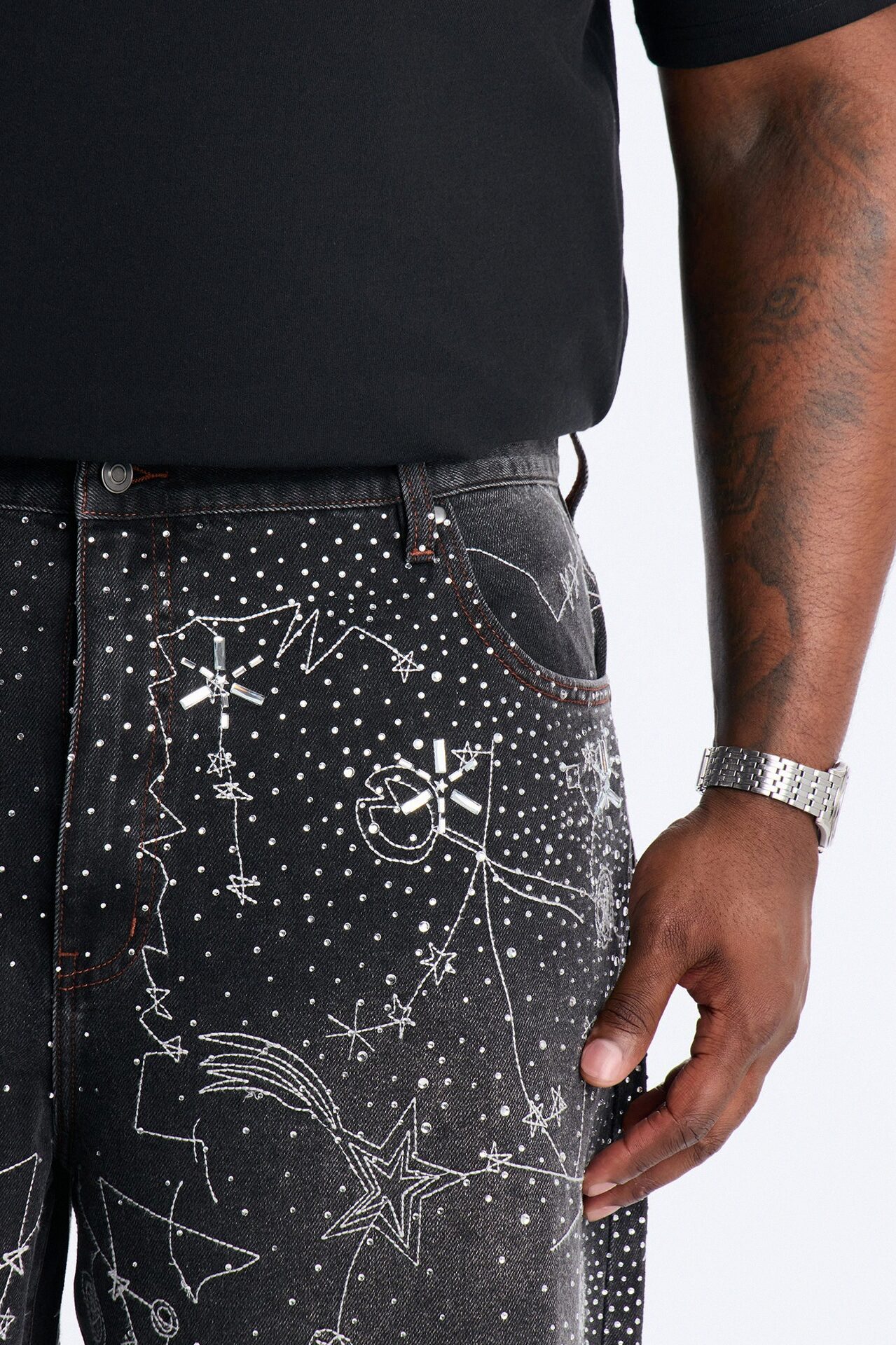 Rhinestone Interstellar Baggy Denim Short - Black Wash
