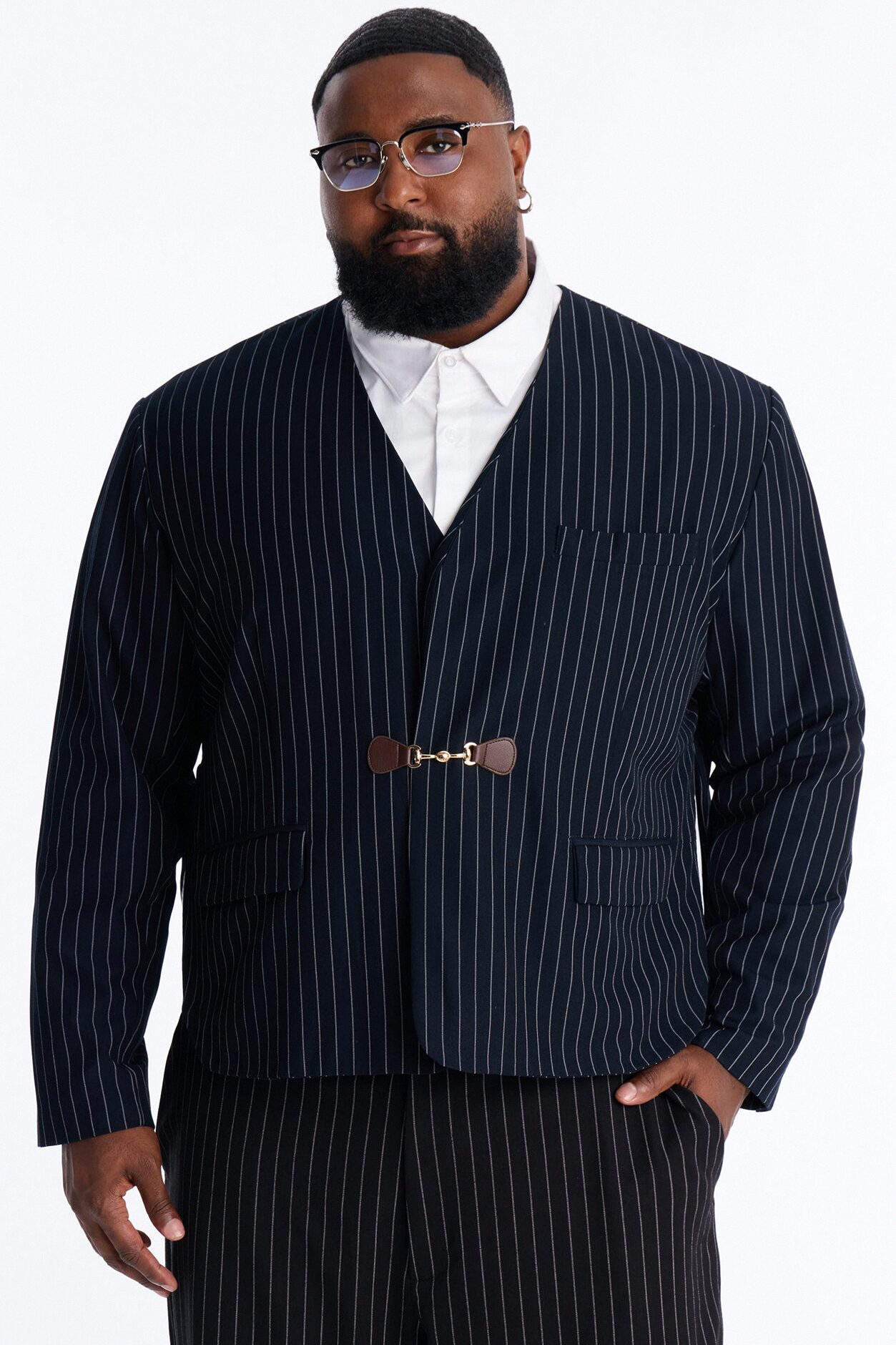 Boxy Cropped Pin Striped Cut Out Blazer - Blue