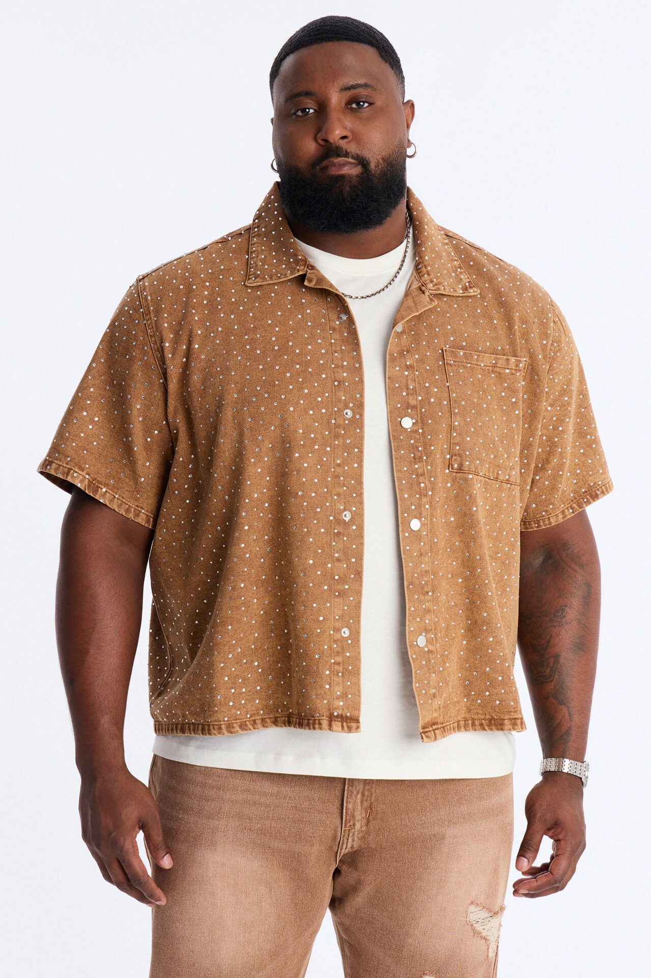 Cropped Embellished Denim Button Up Shirt - Brown