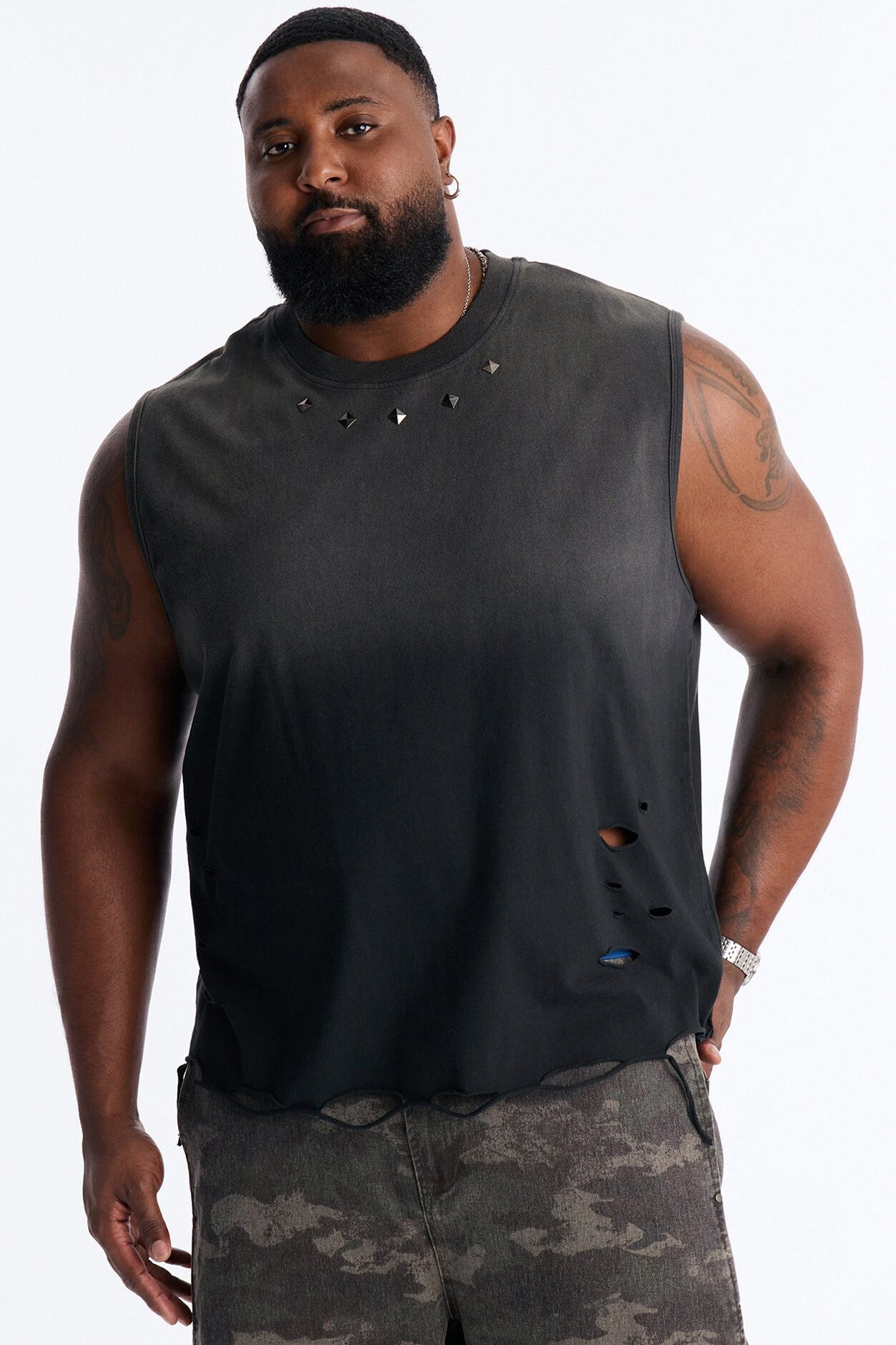 Washed Embellished Muscle Tee - Black