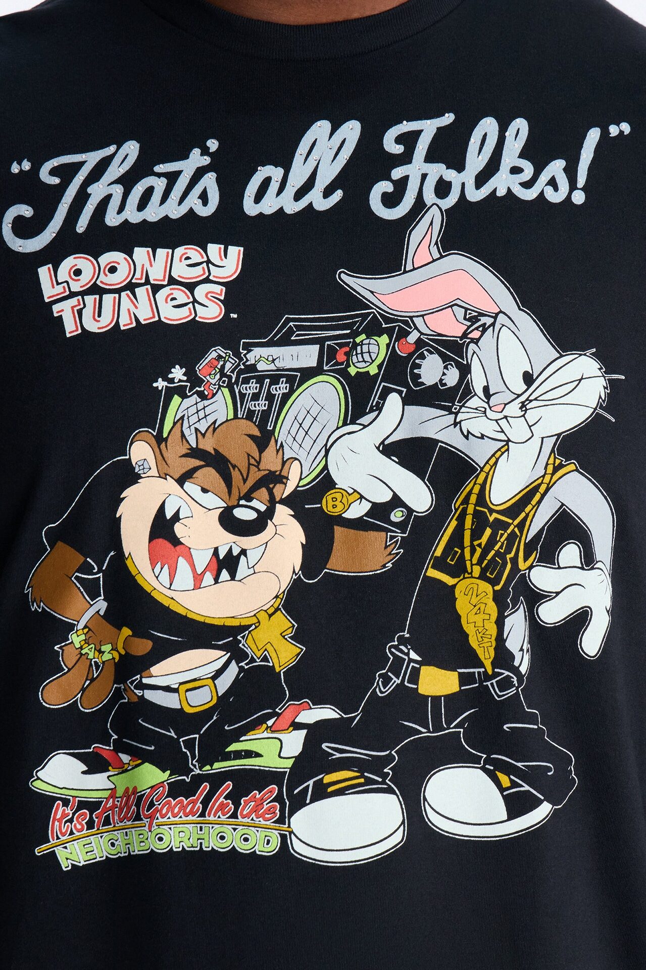 Looney Tunes Thats All Folks Rhinestone Short Sleeve Tee - Black