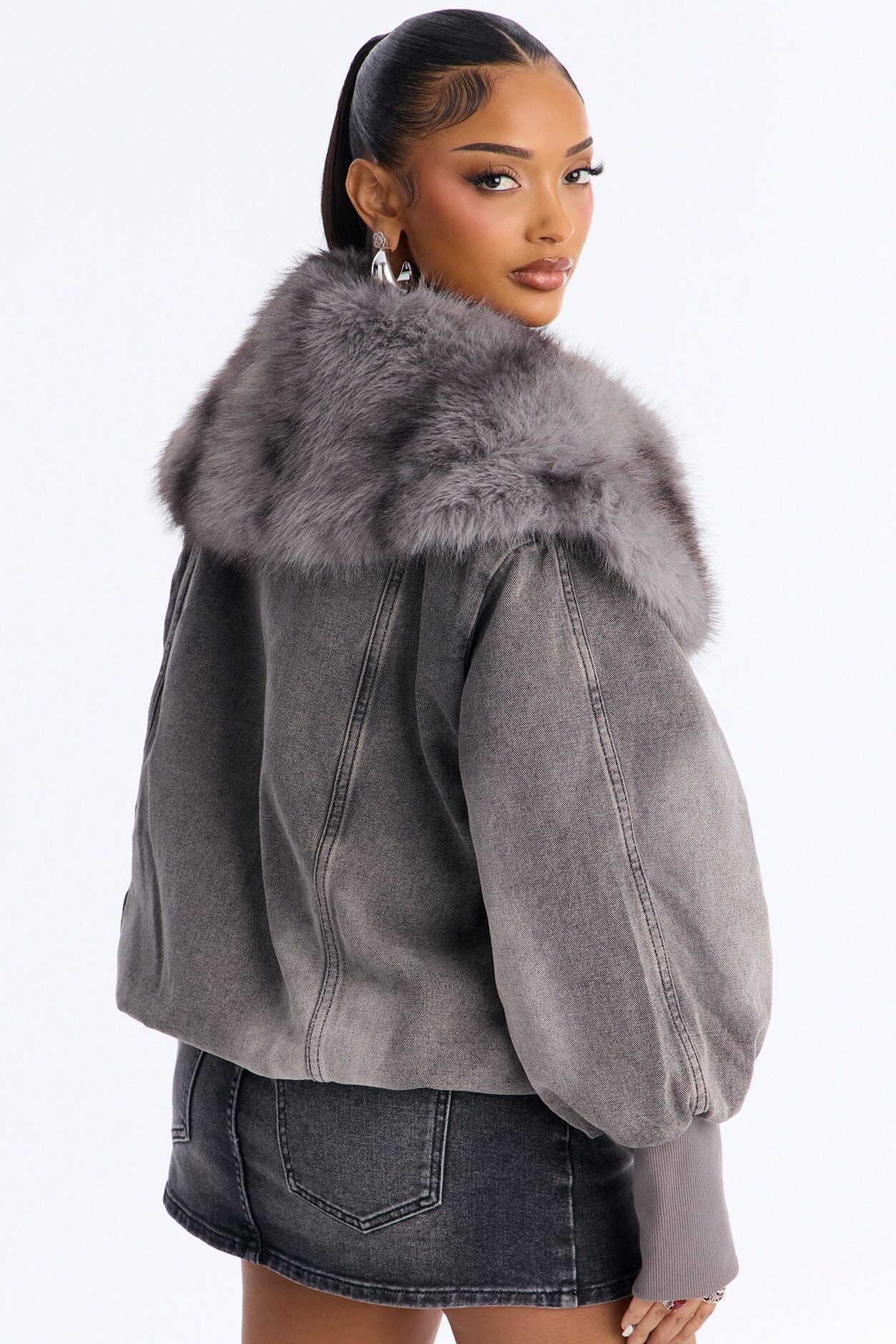 Vail Faux Fur Denim Bomber Jacket - Grey