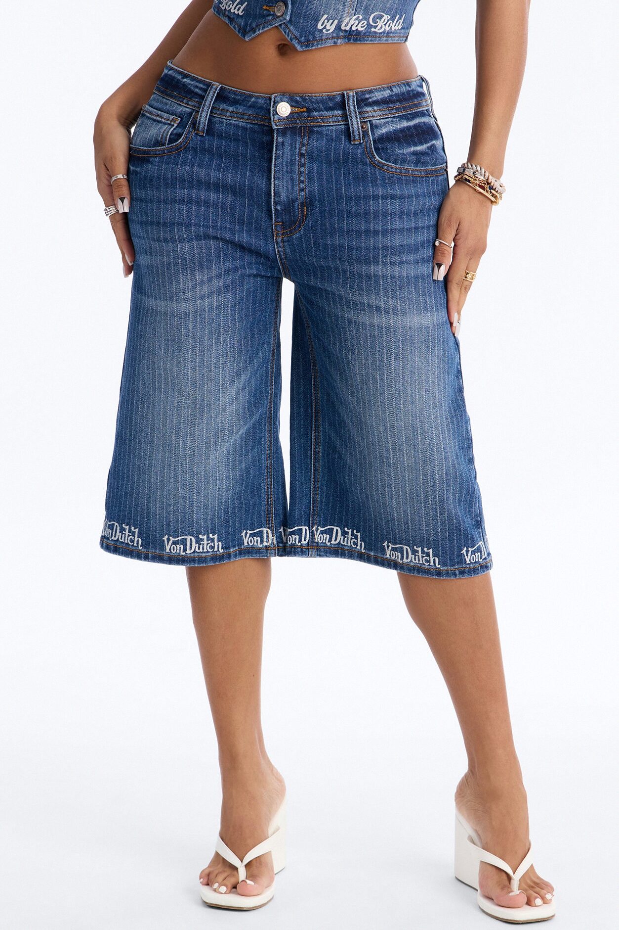 Von Dutch Striped Denim Jorts - Medium Wash